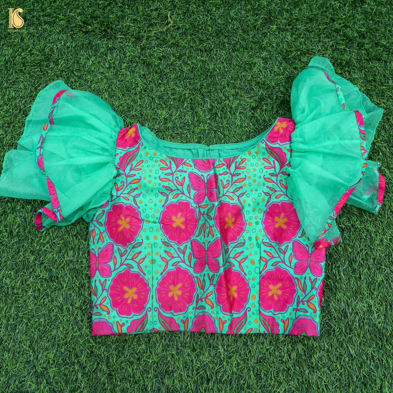 Titli - Green & Pink Pure Organza & Chiniya Silk Kids Stitched Lehenga Set - Khinkhwab