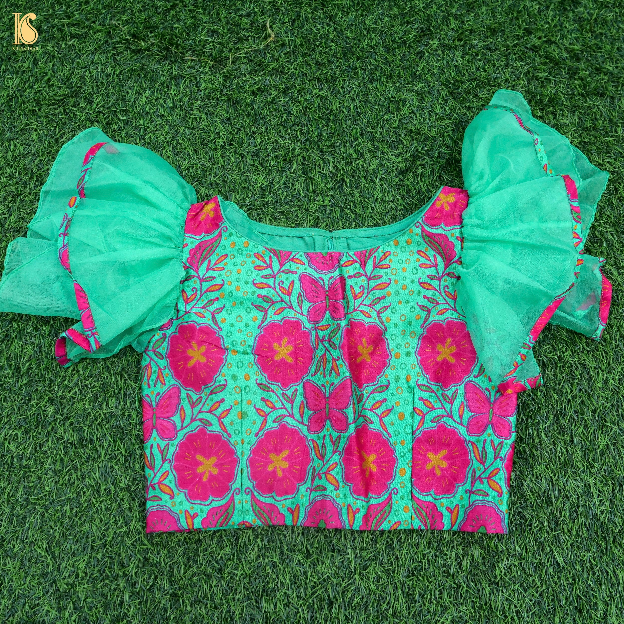 Titli - Green & Pink Pure Organza & Chiniya Silk Kids Stitched Lehenga Set - Khinkhwab