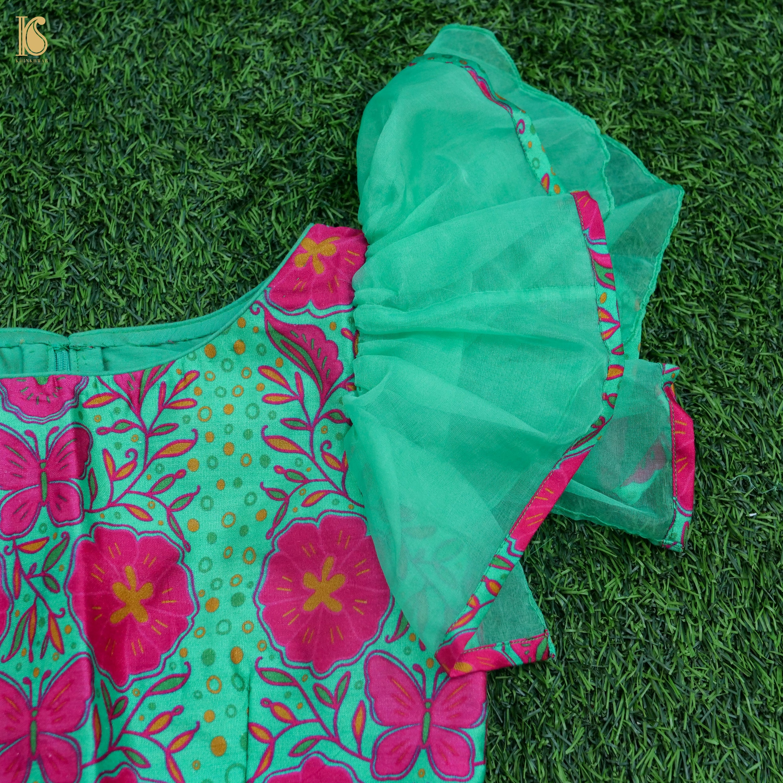 Titli - Green & Pink Pure Organza & Chiniya Silk Kids Stitched Lehenga Set - Khinkhwab
