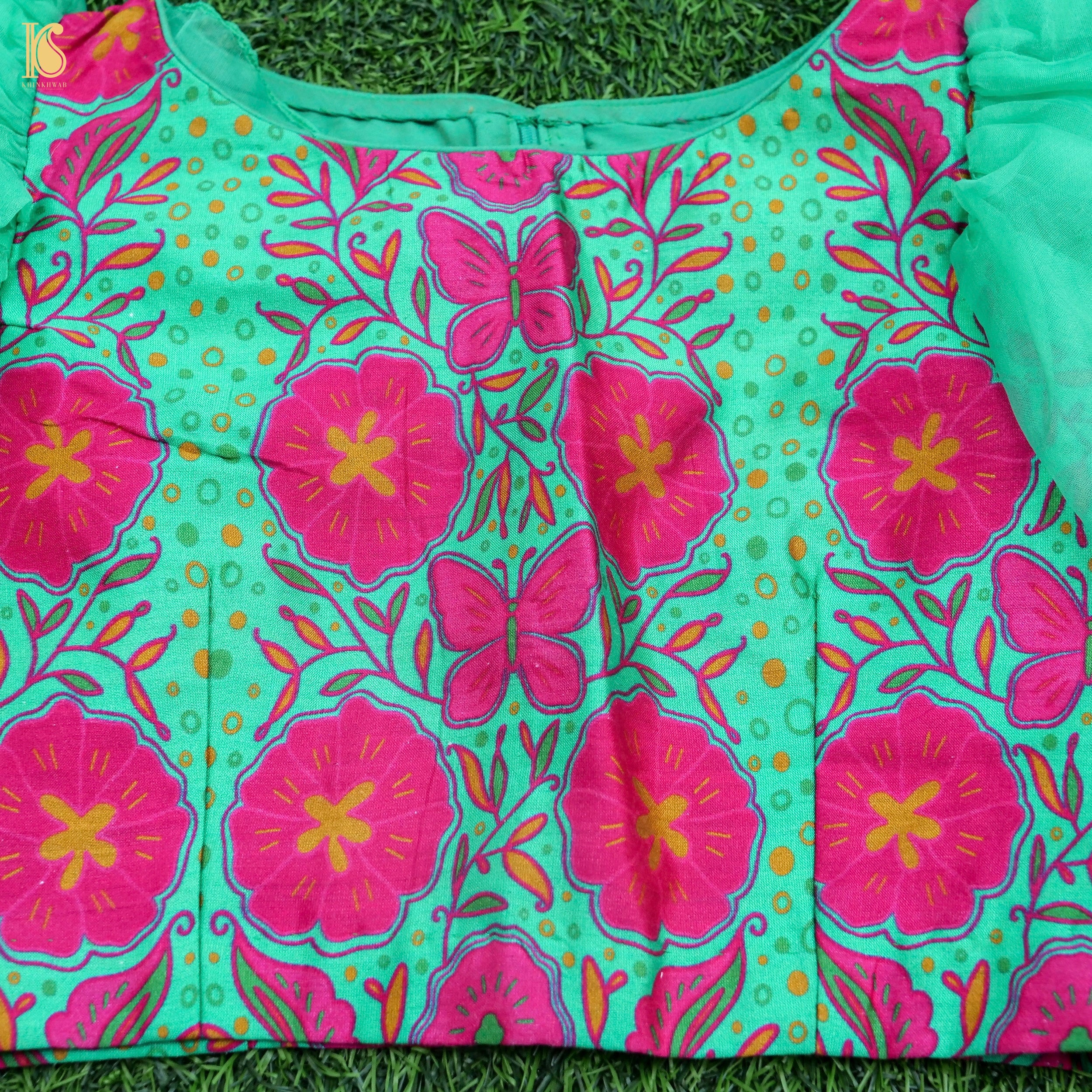 Titli - Green & Pink Pure Organza & Chiniya Silk Kids Stitched Lehenga Set - Khinkhwab