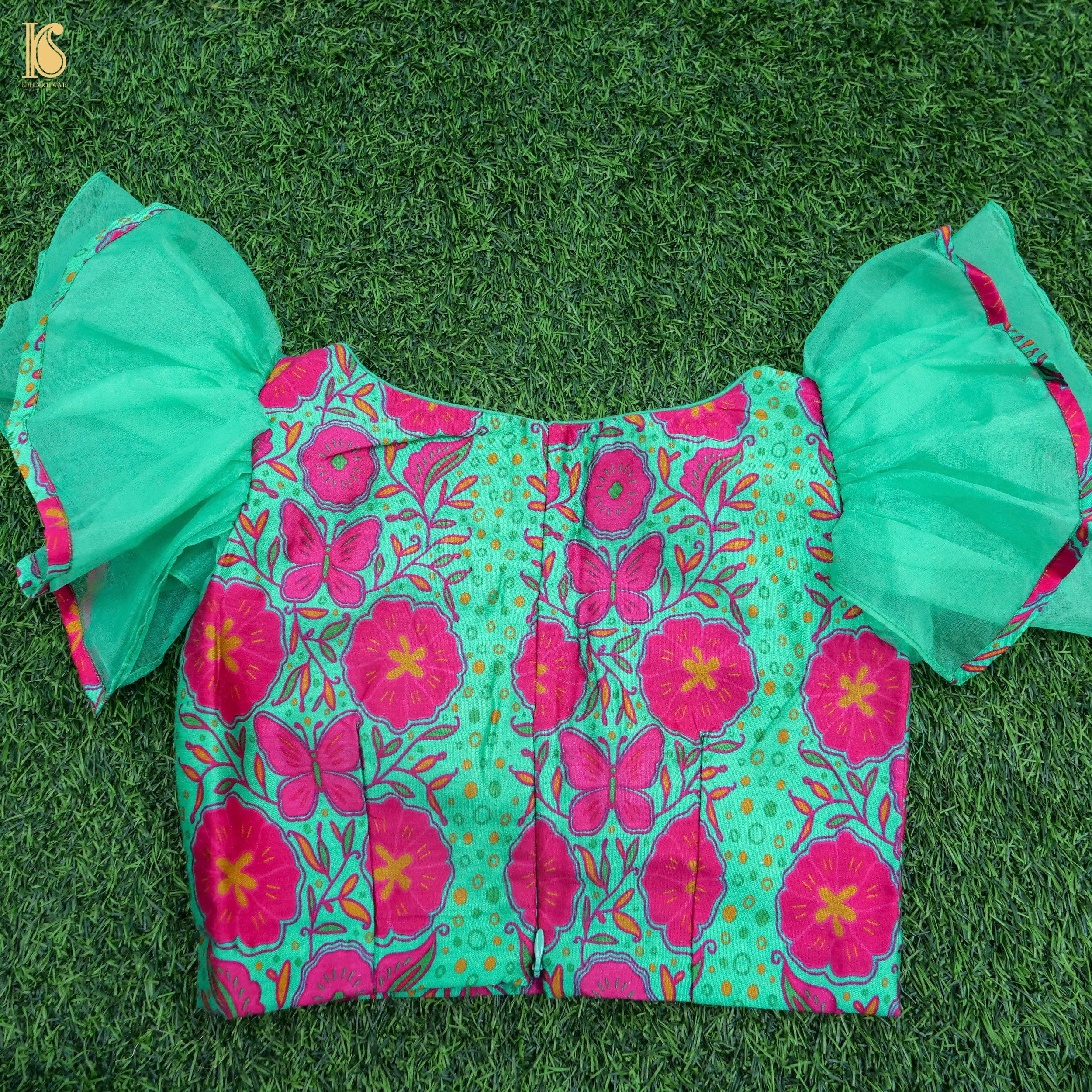 Titli - Green & Pink Pure Organza & Chiniya Silk Kids Stitched Lehenga Set - Khinkhwab