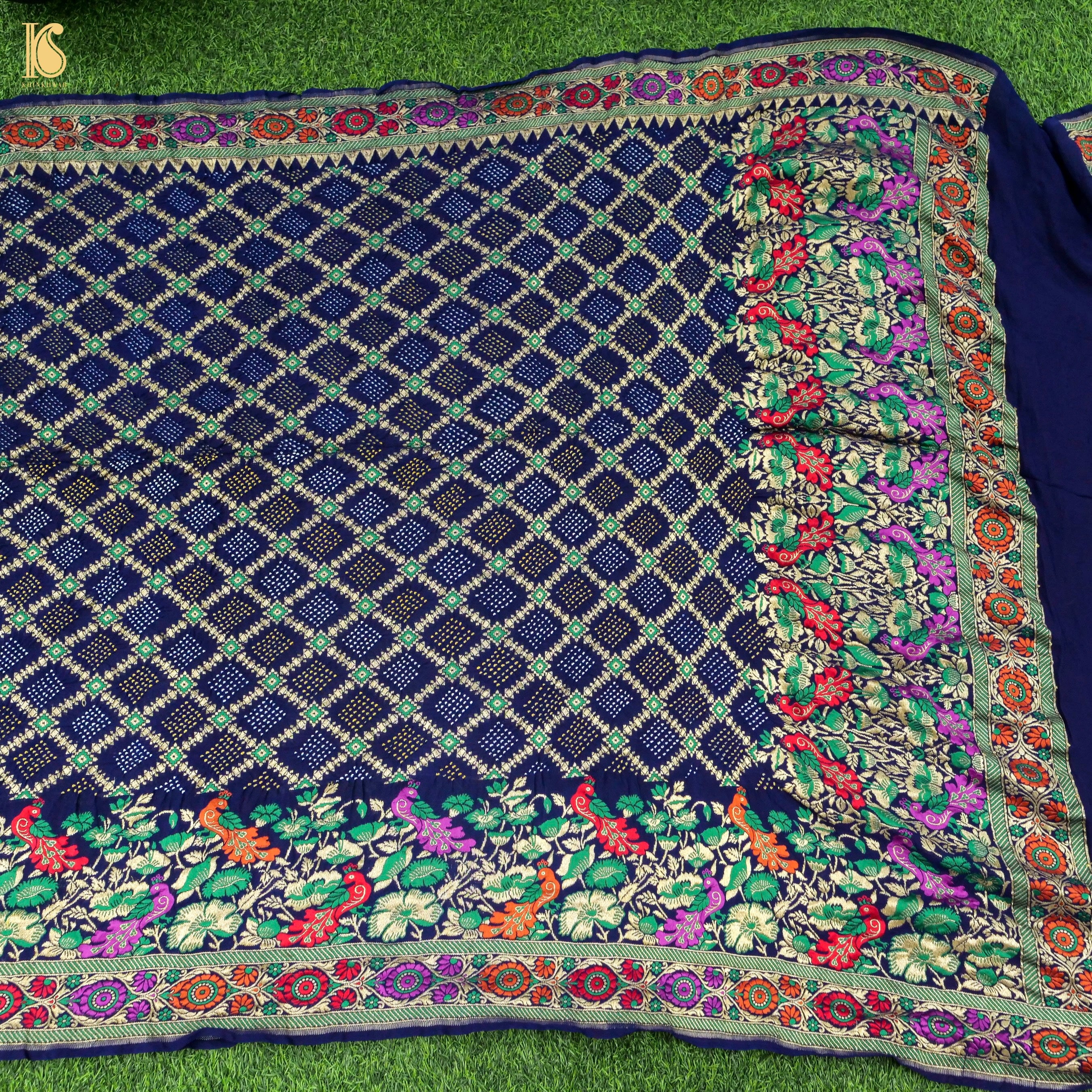 Midnight Blue Banarasi Pure Georgette Bandhani Saree - Khinkhwab