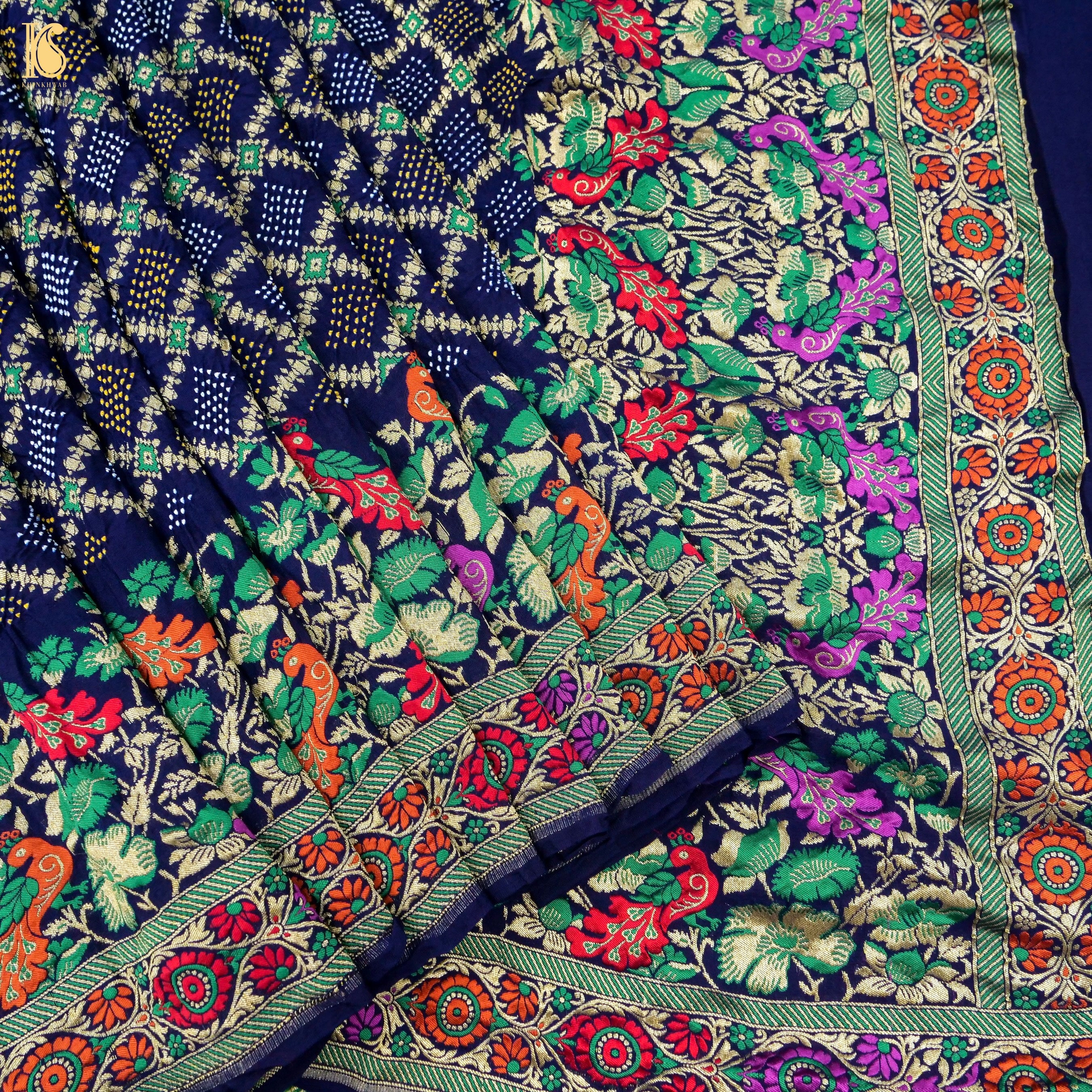 Midnight Blue Banarasi Pure Georgette Bandhani Saree - Khinkhwab