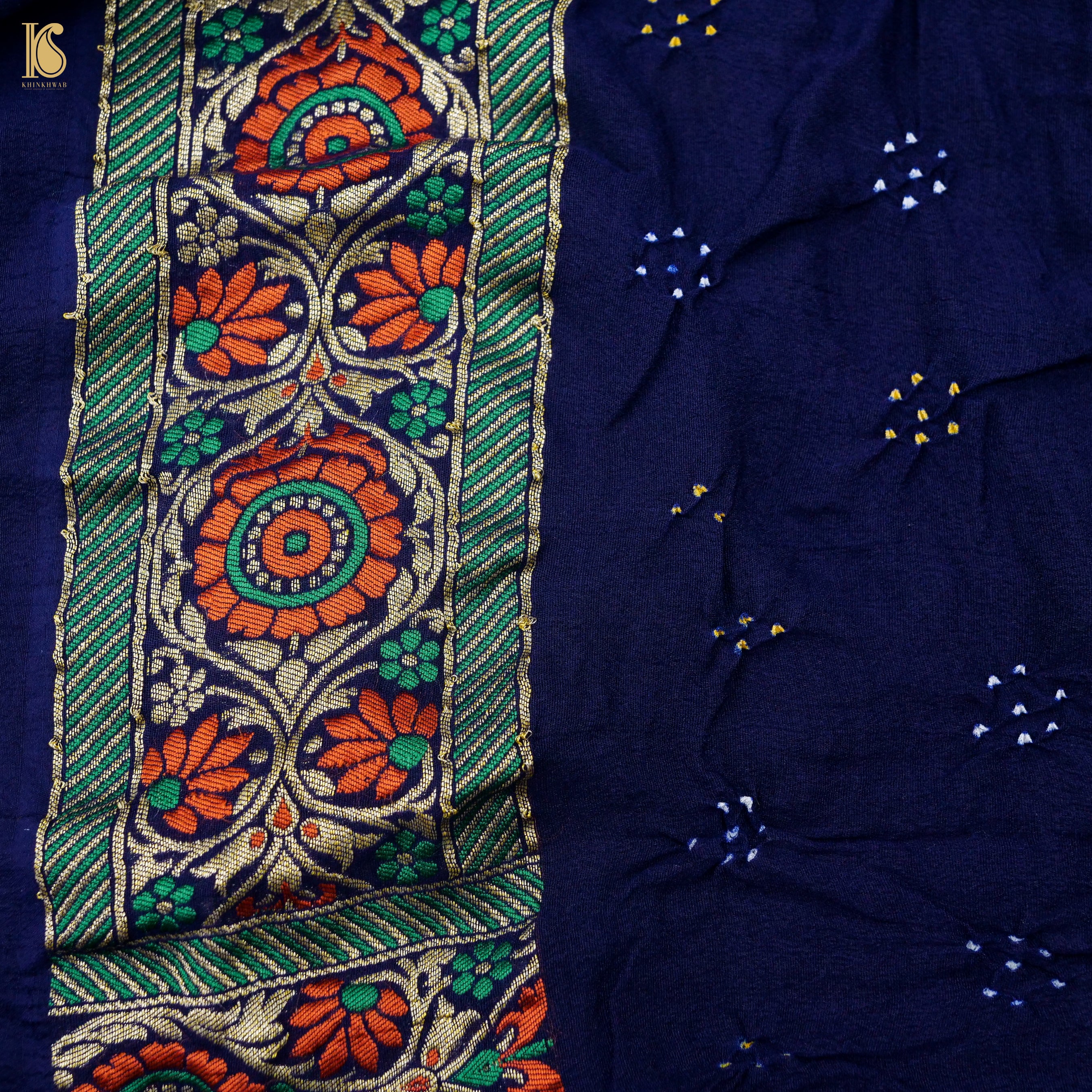 Midnight Blue Banarasi Pure Georgette Bandhani Saree - Khinkhwab