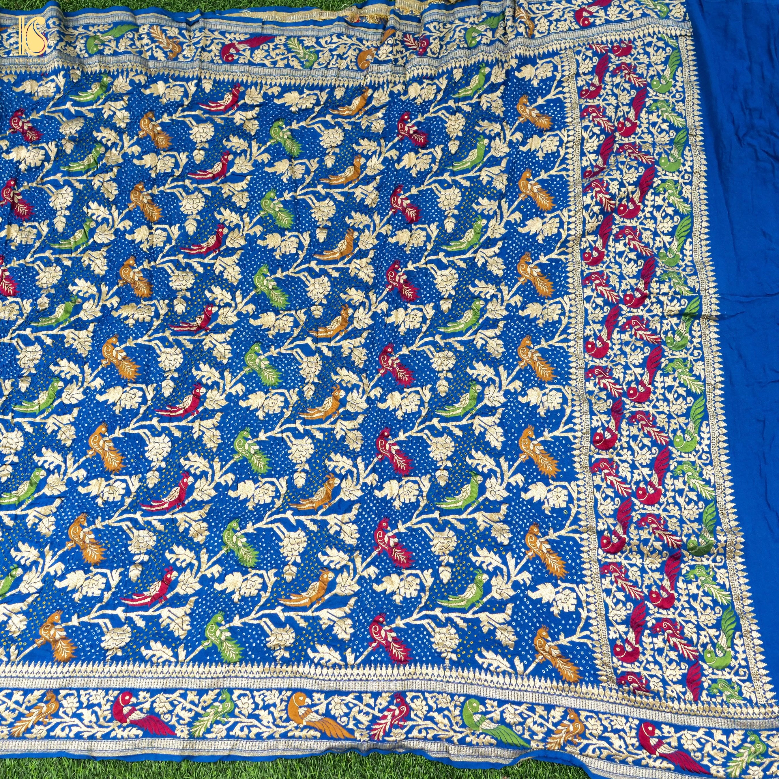 Cerulean Blue Pure Georgette Handloom Banarasi Birds of Paradise Bandhani Dupatta - Khinkhwab
