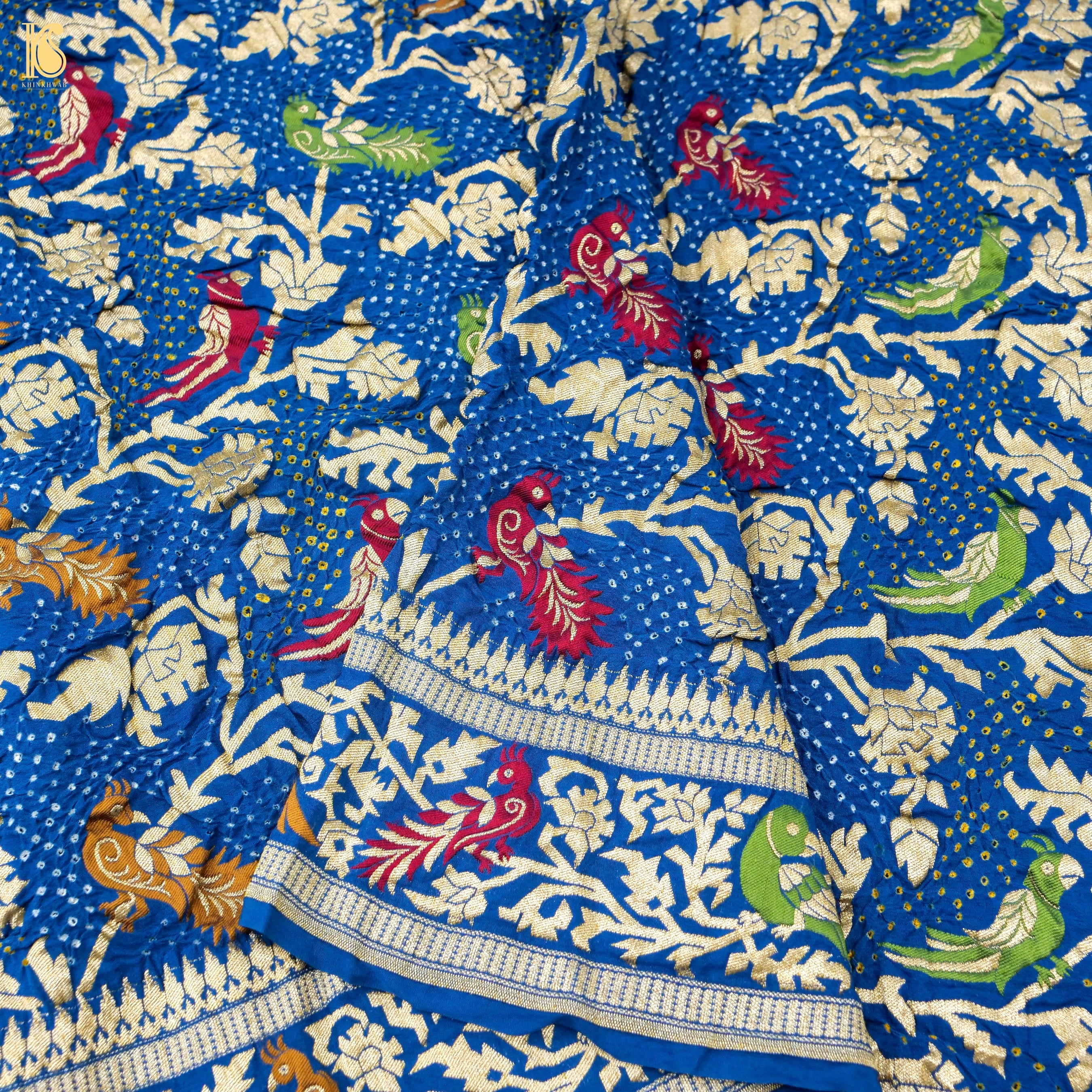 Cerulean Blue Pure Georgette Handloom Banarasi Birds of Paradise Bandhani Dupatta - Khinkhwab