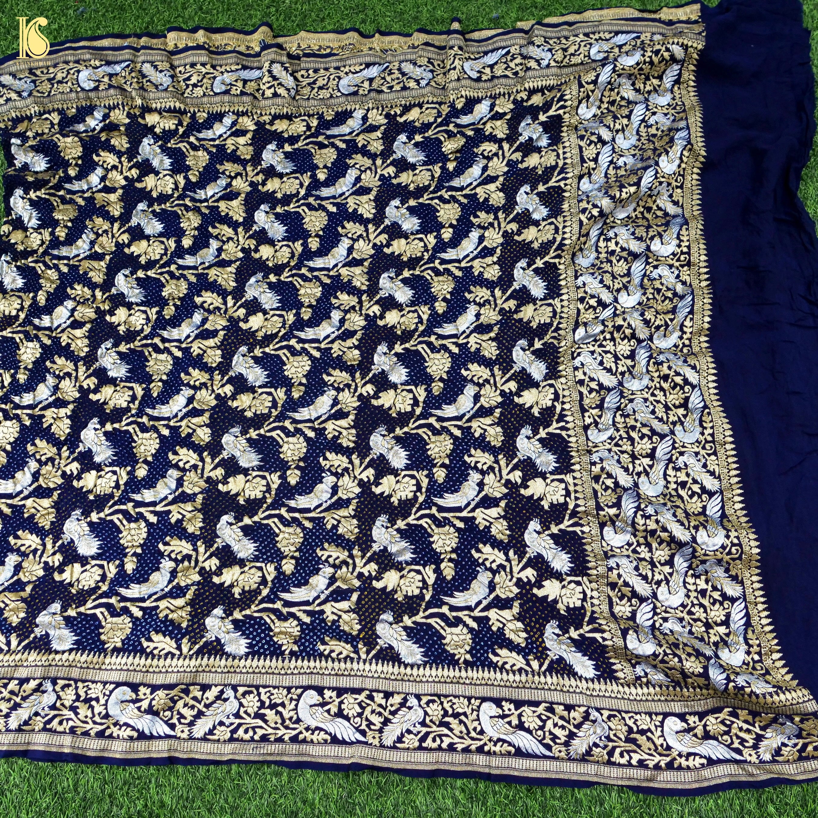 Birds of Paradise : Midnight Blue Pure Georgette Banarasi Bandhani Dupatta - Preorder - Khinkhwab