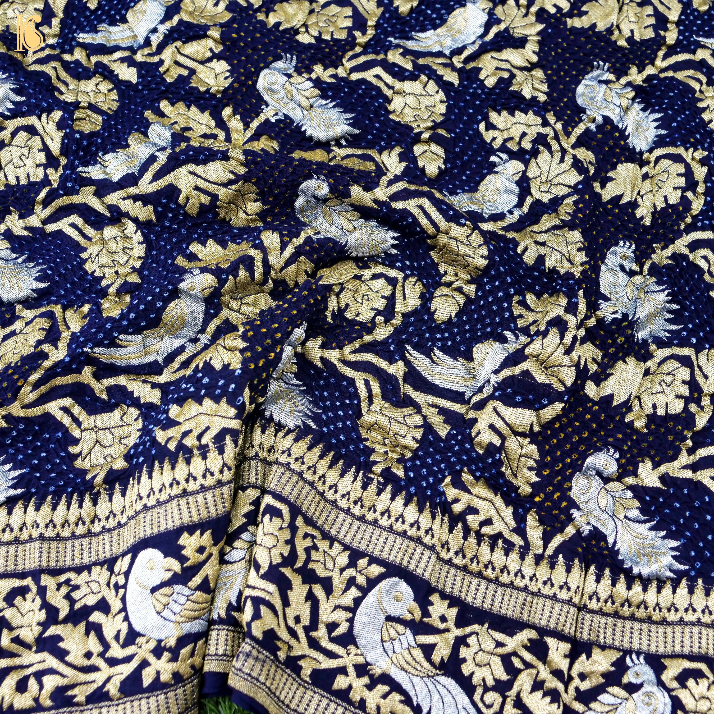 Birds of Paradise : Midnight Blue Pure Georgette Banarasi Bandhani Dupatta - Preorder - Khinkhwab