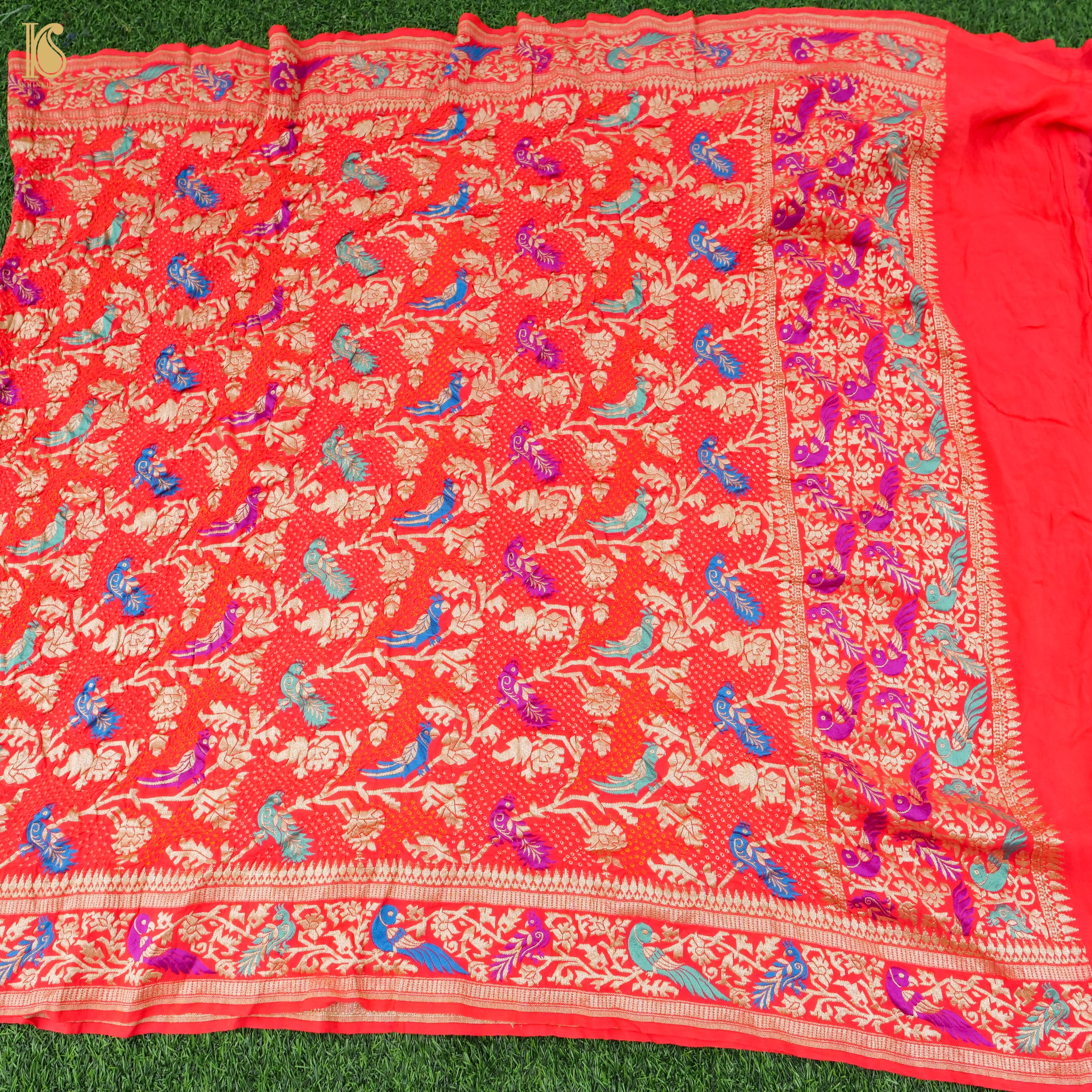 Alizarin Red Pure Georgette Handloom Banarasi Birds of Paradise Bandhani Dupatta - Khinkhwab
