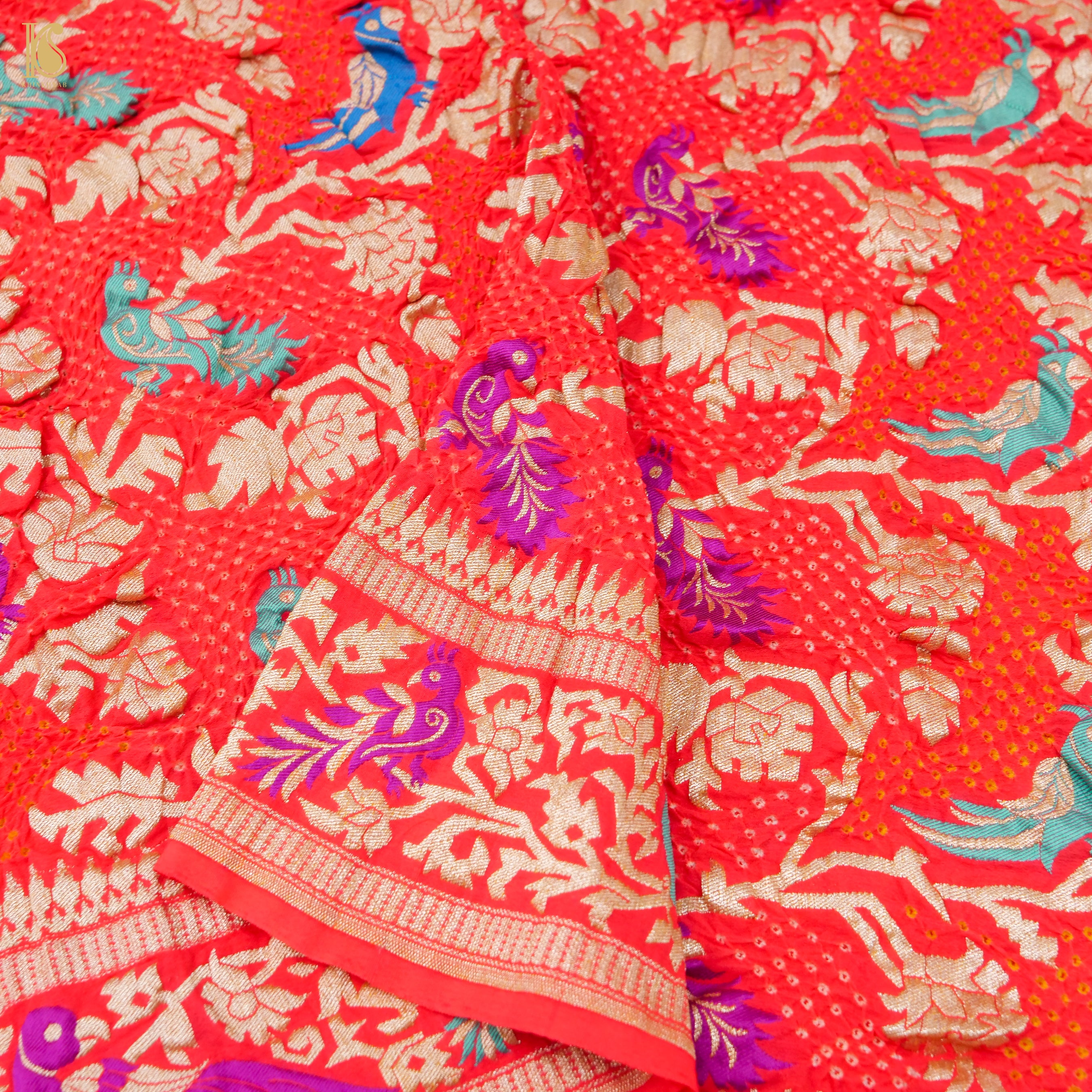 Alizarin Red Pure Georgette Handloom Banarasi Birds of Paradise Bandhani Dupatta - Khinkhwab