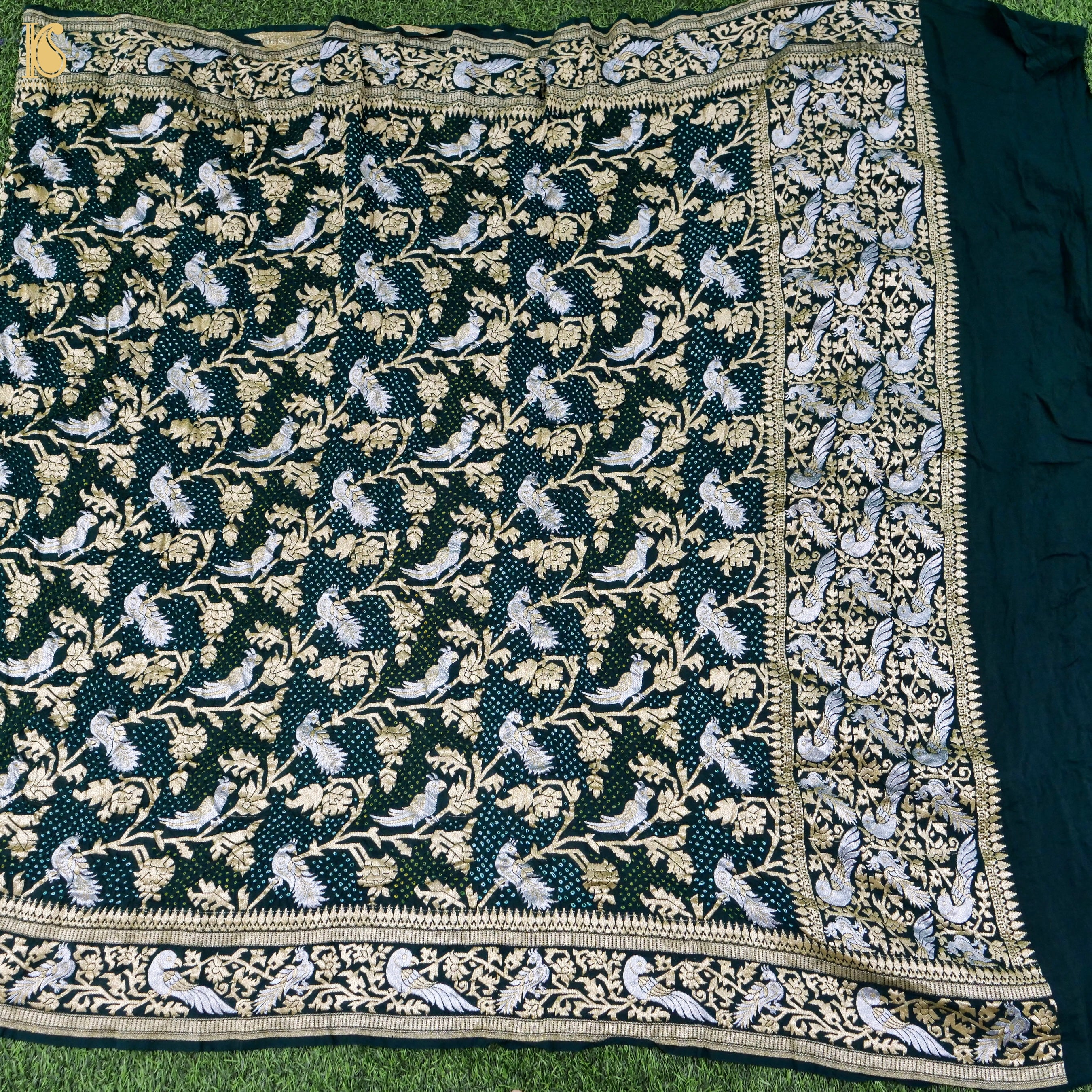 Birds of Paradise : Bottle Green Pure Georgette Handloom Banarasi Bandhani Dupatta - Khinkhwab