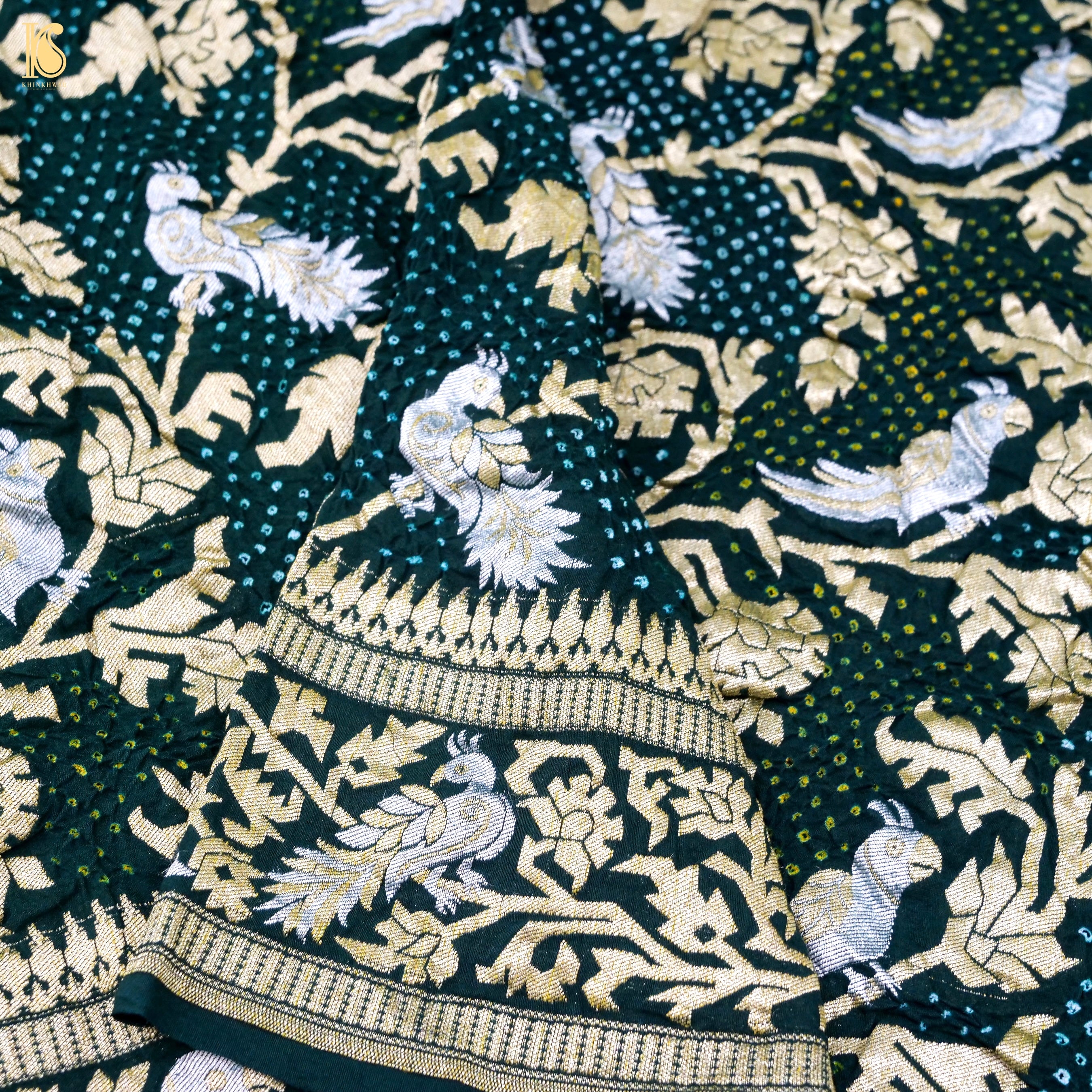 Birds of Paradise : Bottle Green Pure Georgette Handloom Banarasi Bandhani Dupatta - Khinkhwab
