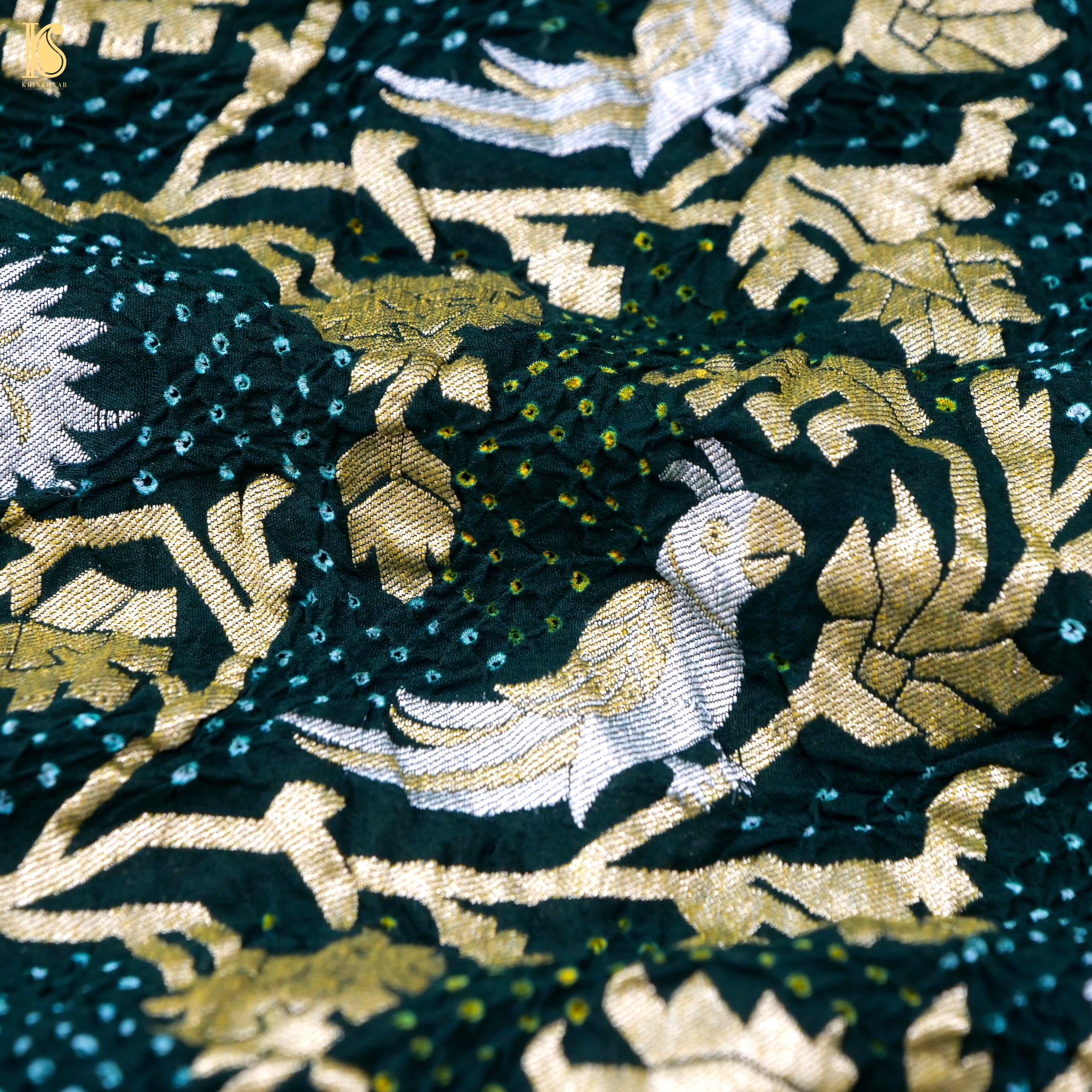 Birds of Paradise : Bottle Green Pure Georgette Handloom Banarasi Bandhani Dupatta - Khinkhwab
