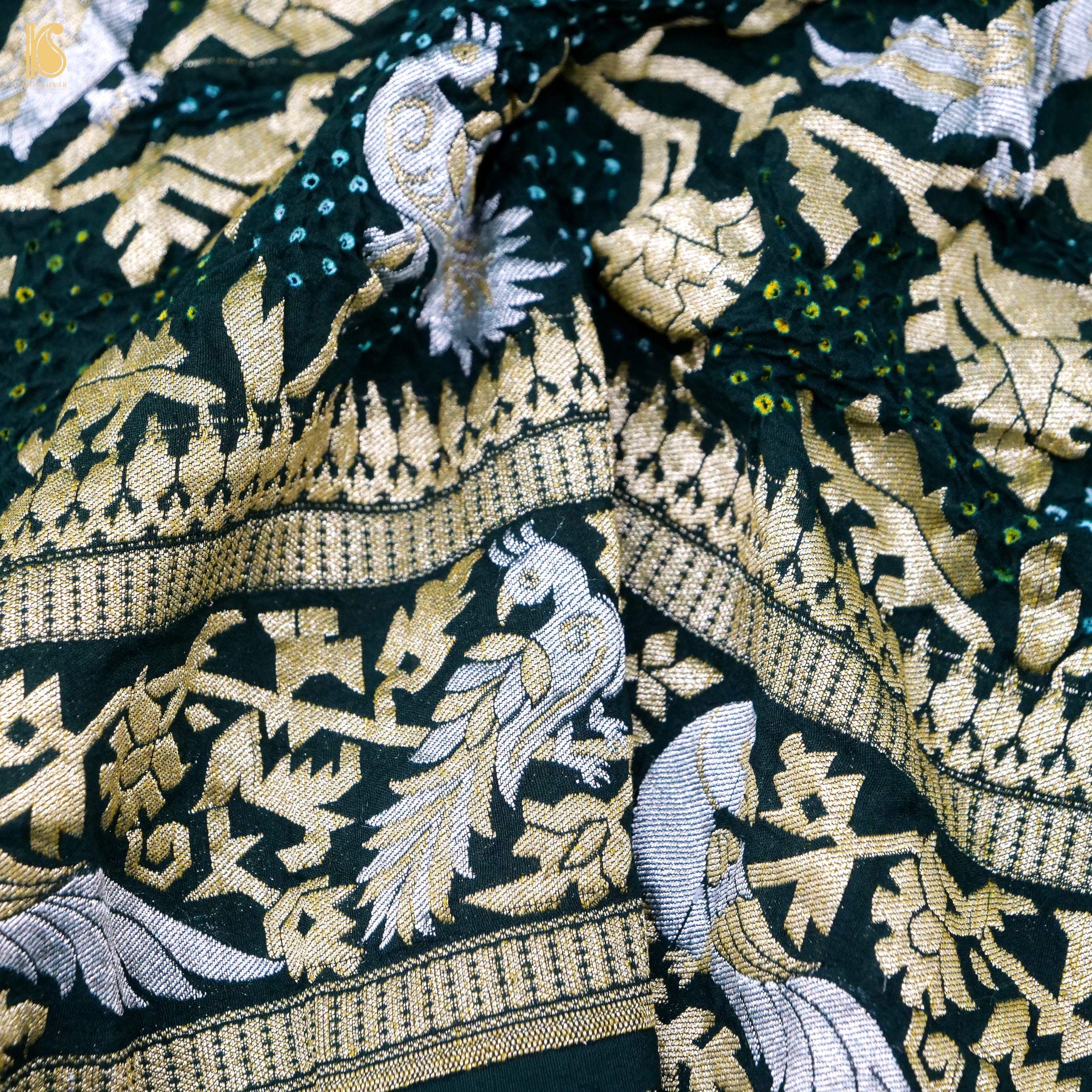 Birds of Paradise : Bottle Green Pure Georgette Handloom Banarasi Bandhani Dupatta - Khinkhwab