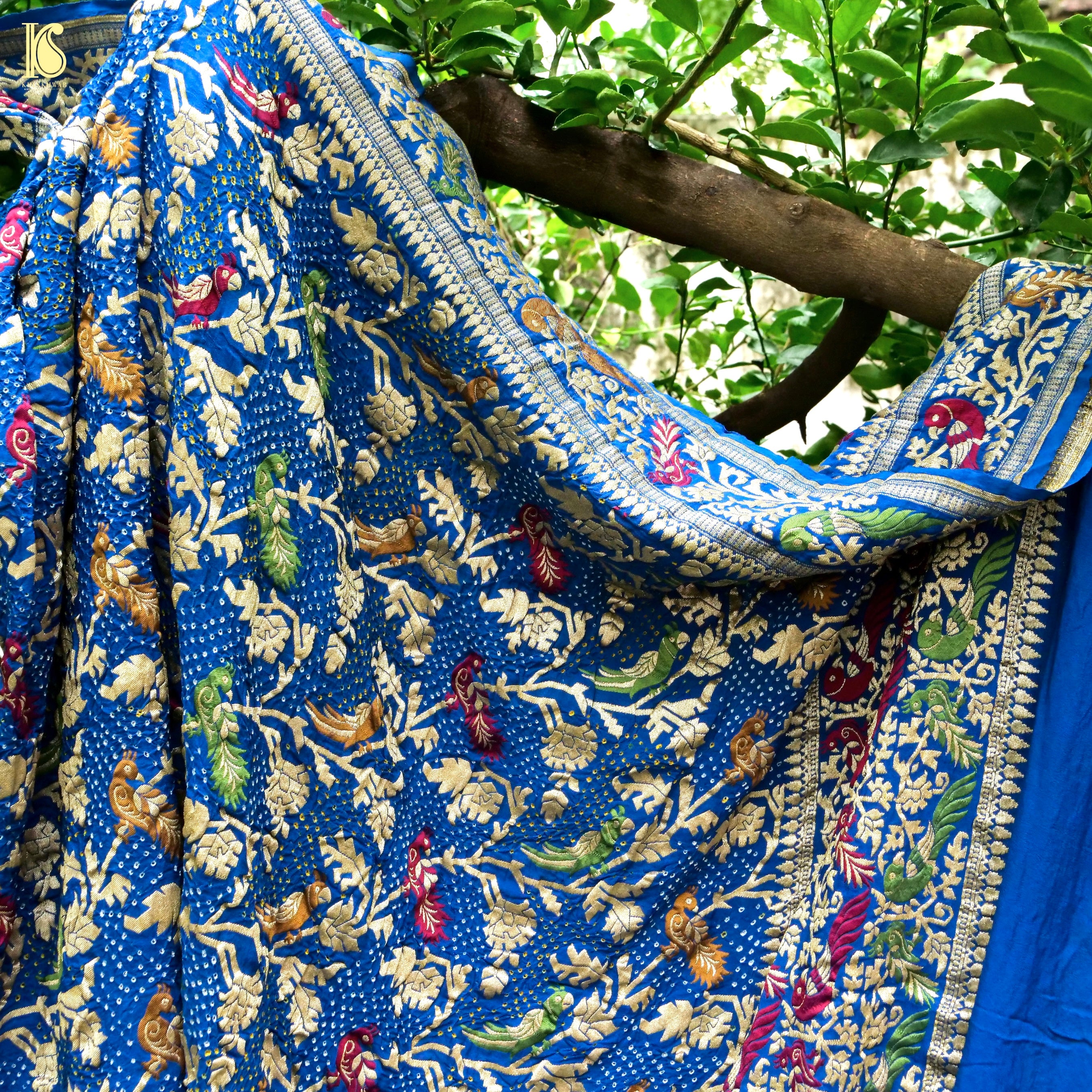 Cerulean Blue Pure Georgette Handloom Banarasi Birds of Paradise Bandhani Dupatta - Khinkhwab