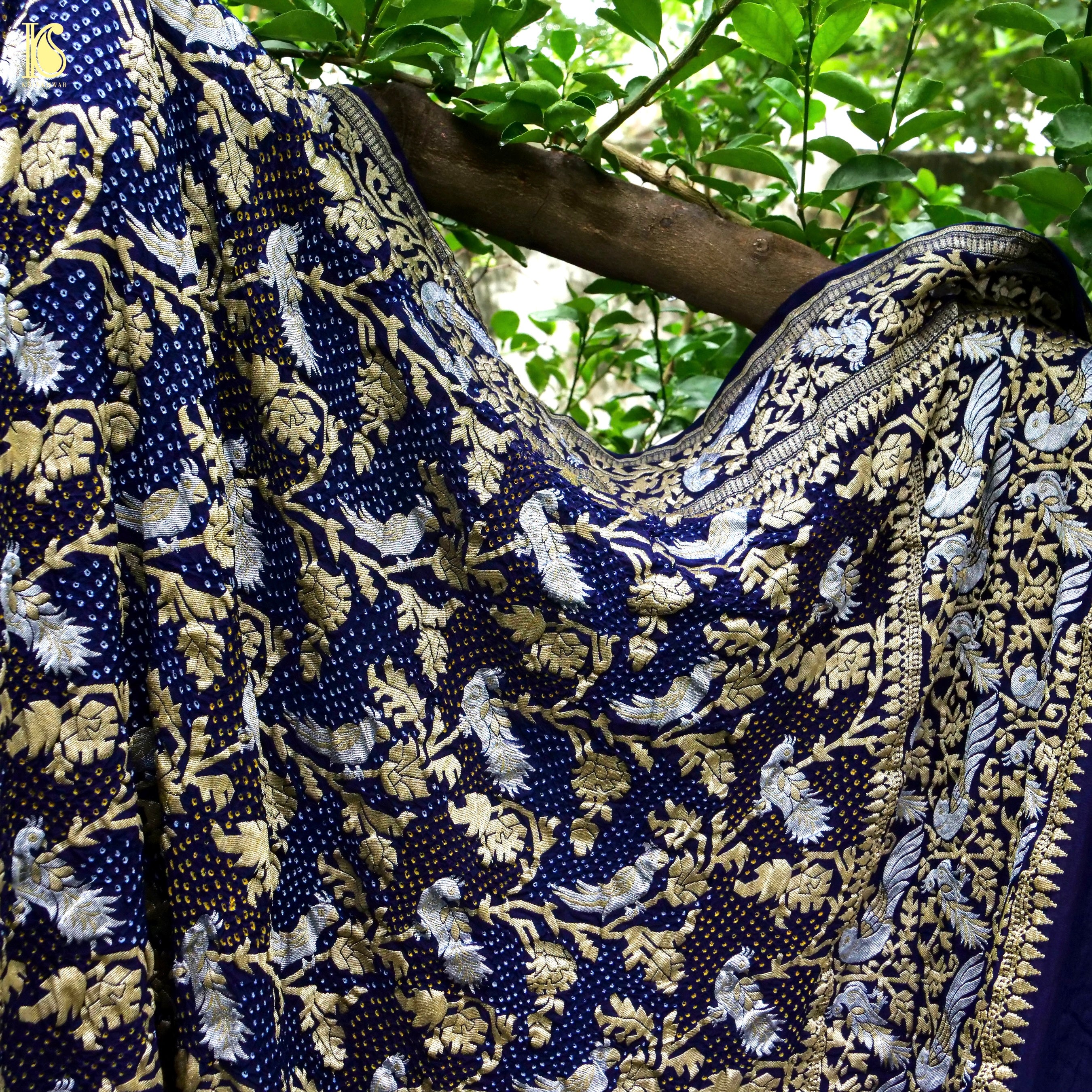 Birds of Paradise : Midnight Blue Pure Georgette Banarasi Bandhani Dupatta - Preorder - Khinkhwab