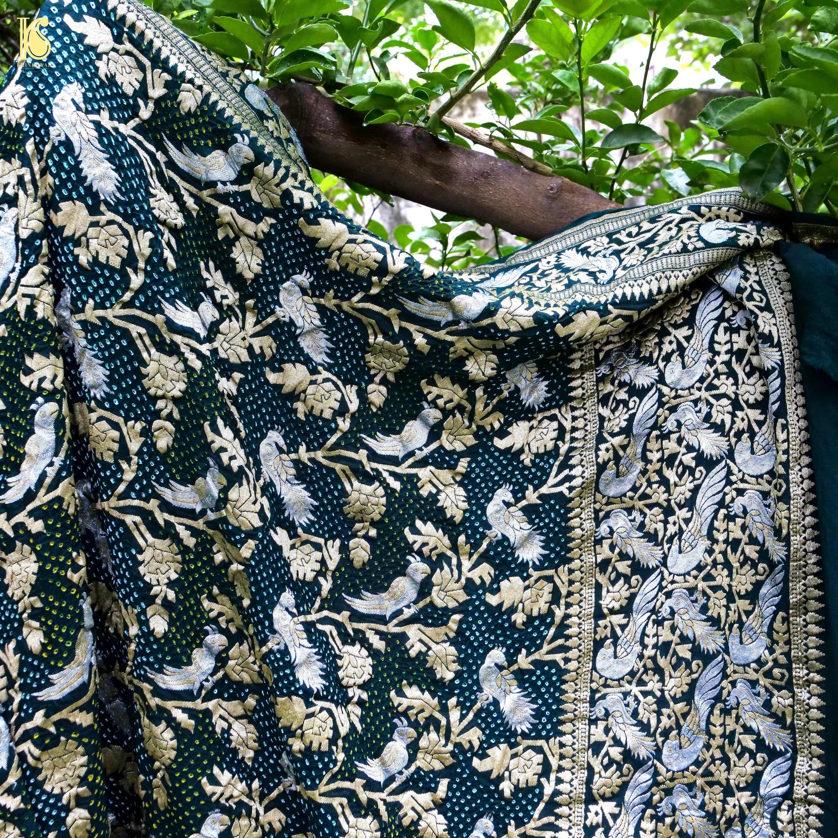 Birds of Paradise : Bottle Green Pure Georgette Handloom Banarasi Bandhani Dupatta - Khinkhwab