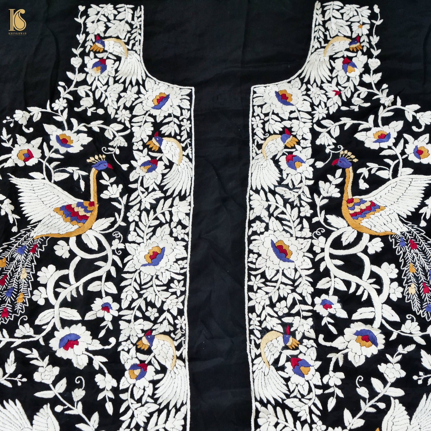 Black Handcrafted Parsi Gara Pure Crepe Kurta Fabric - Khinkhwab
