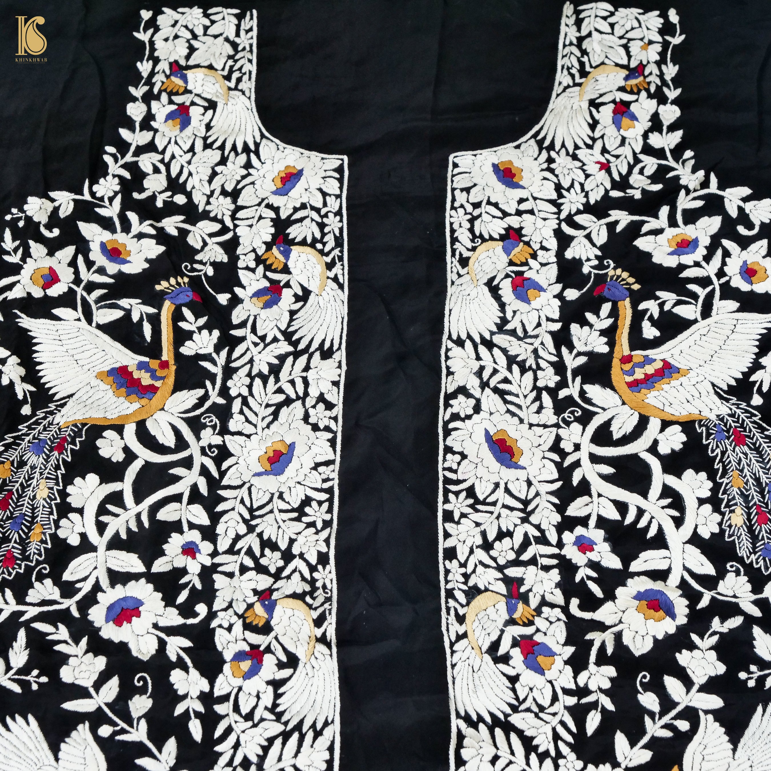 Black Handcrafted Parsi Gara Pure Crepe Kurta Fabric - Khinkhwab