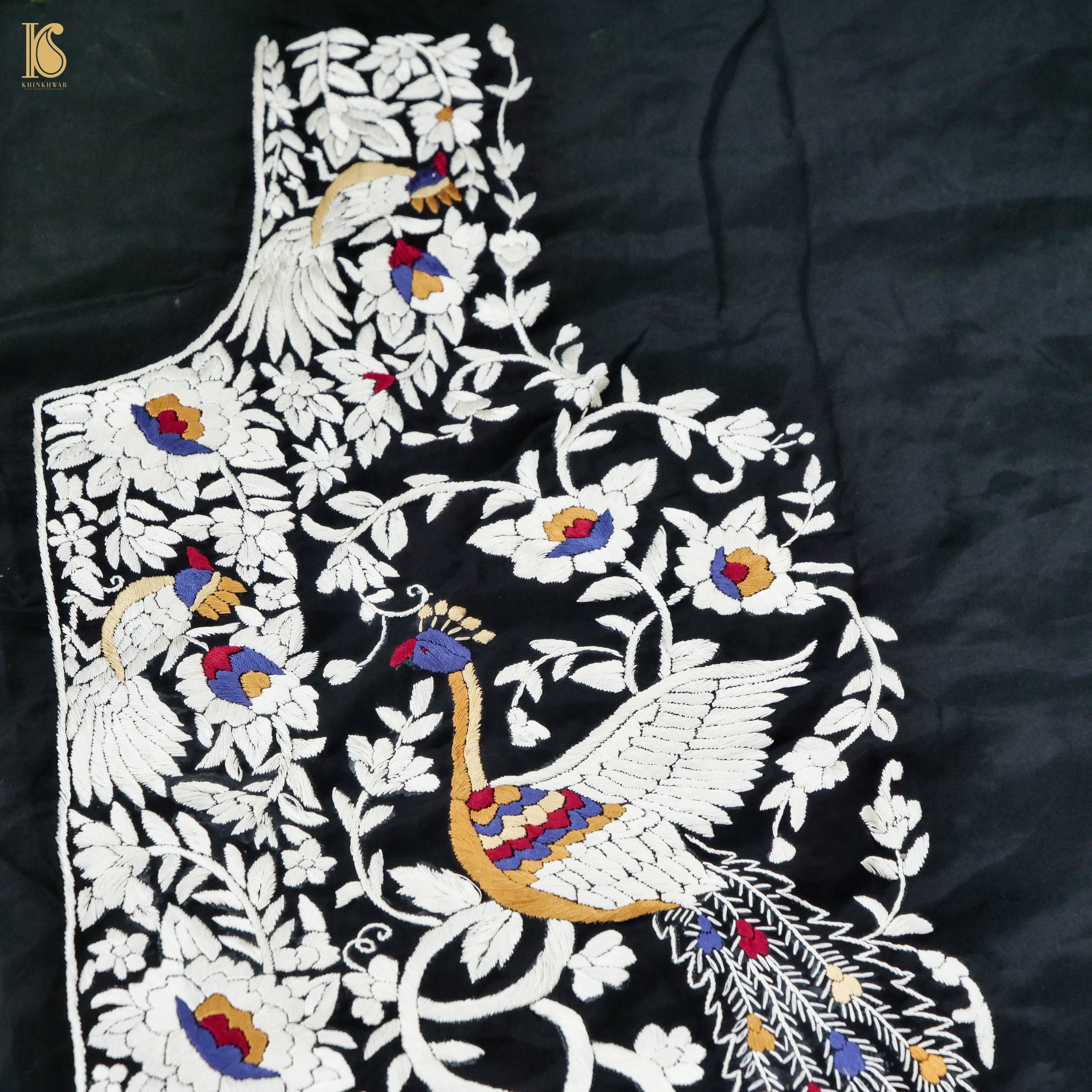 Black Handcrafted Parsi Gara Pure Crepe Kurta Fabric - Khinkhwab