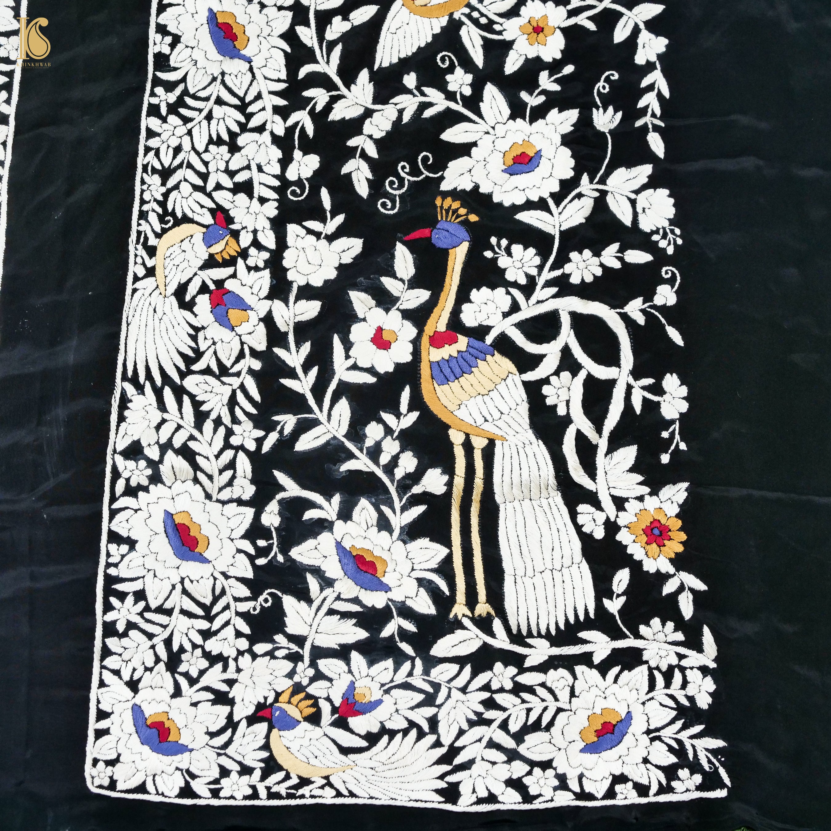 Black Handcrafted Parsi Gara Pure Crepe Kurta Fabric - Khinkhwab