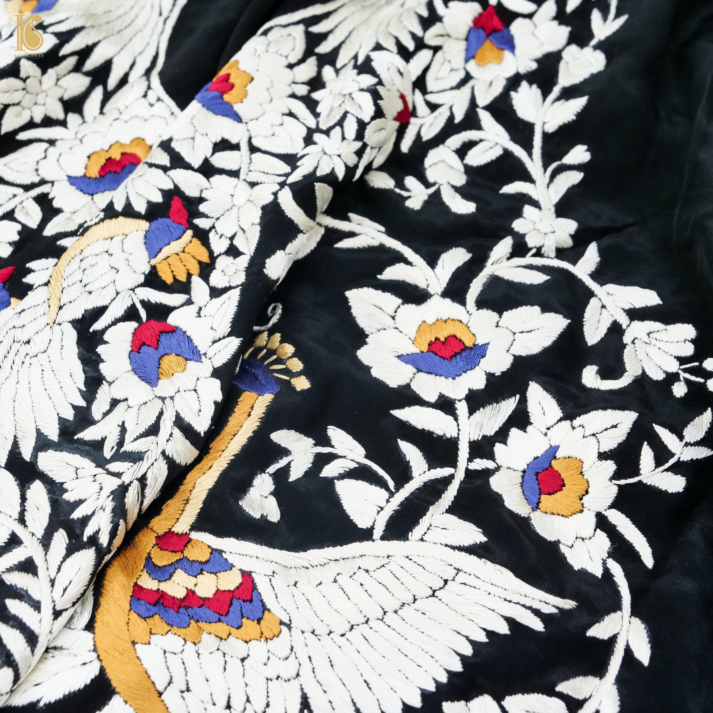 Black Handcrafted Parsi Gara Pure Crepe Kurta Fabric - Khinkhwab