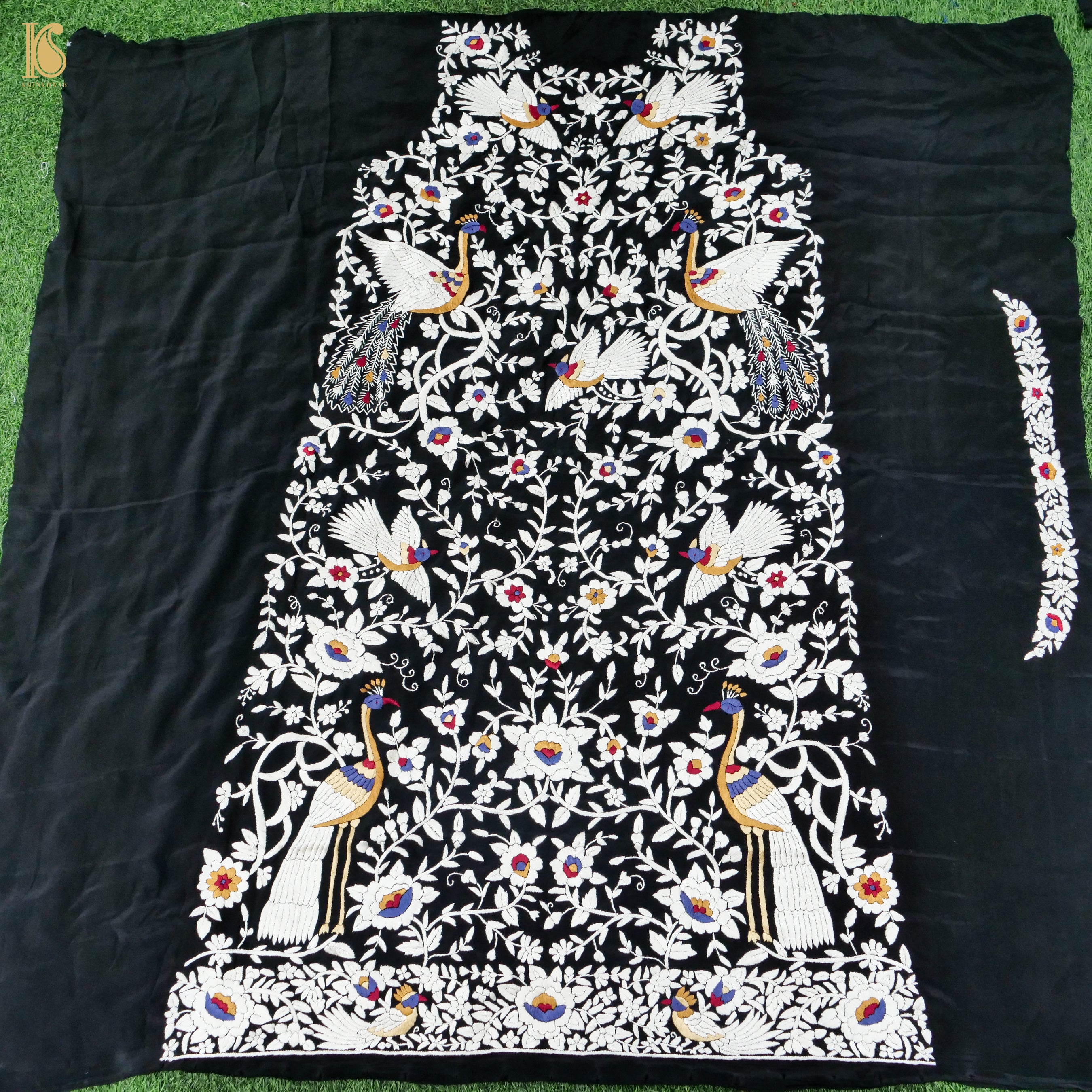 Black Handcrafted Parsi Gara Pure Crepe Kurta Fabric - Khinkhwab