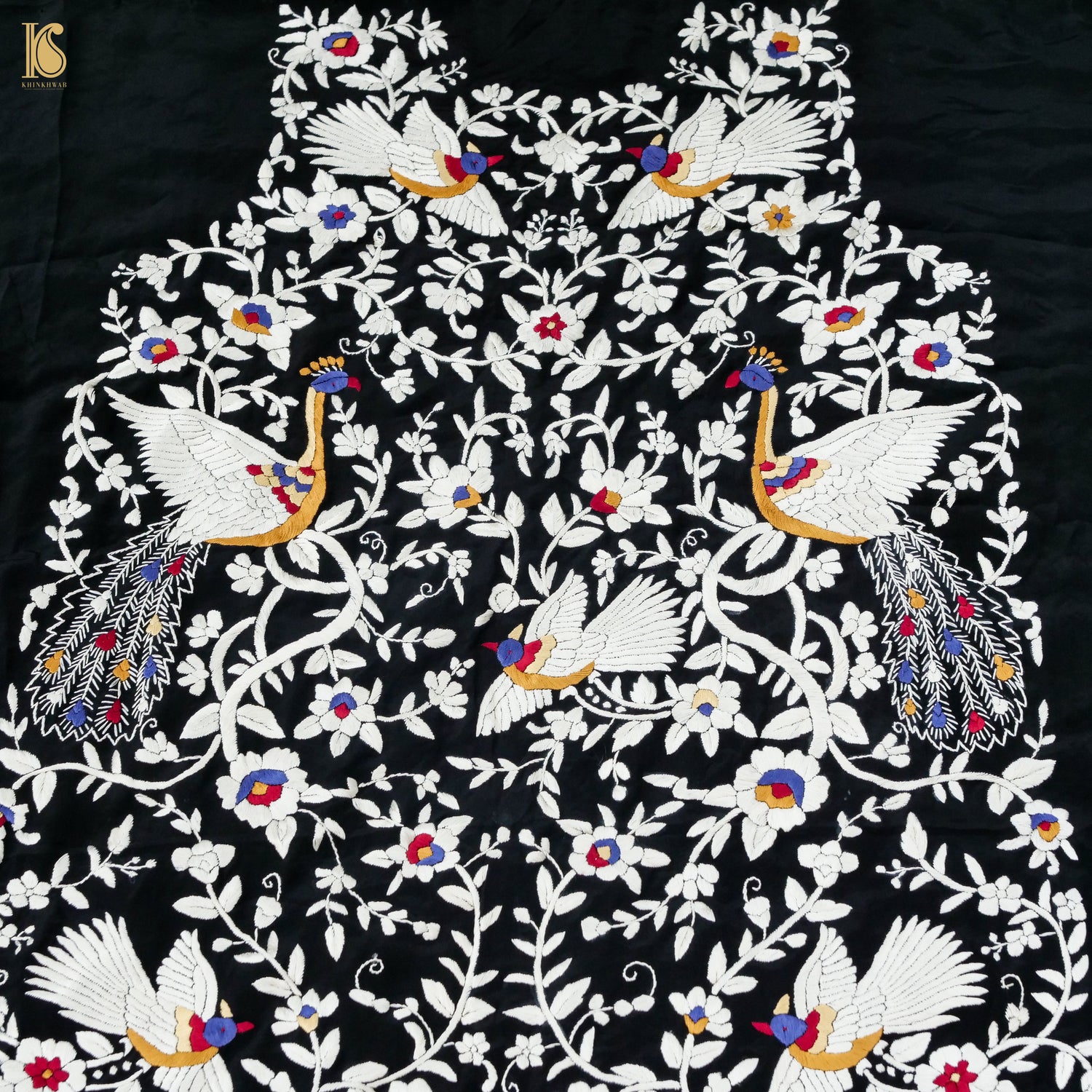 Black Handcrafted Parsi Gara Pure Crepe Kurta Fabric - Khinkhwab