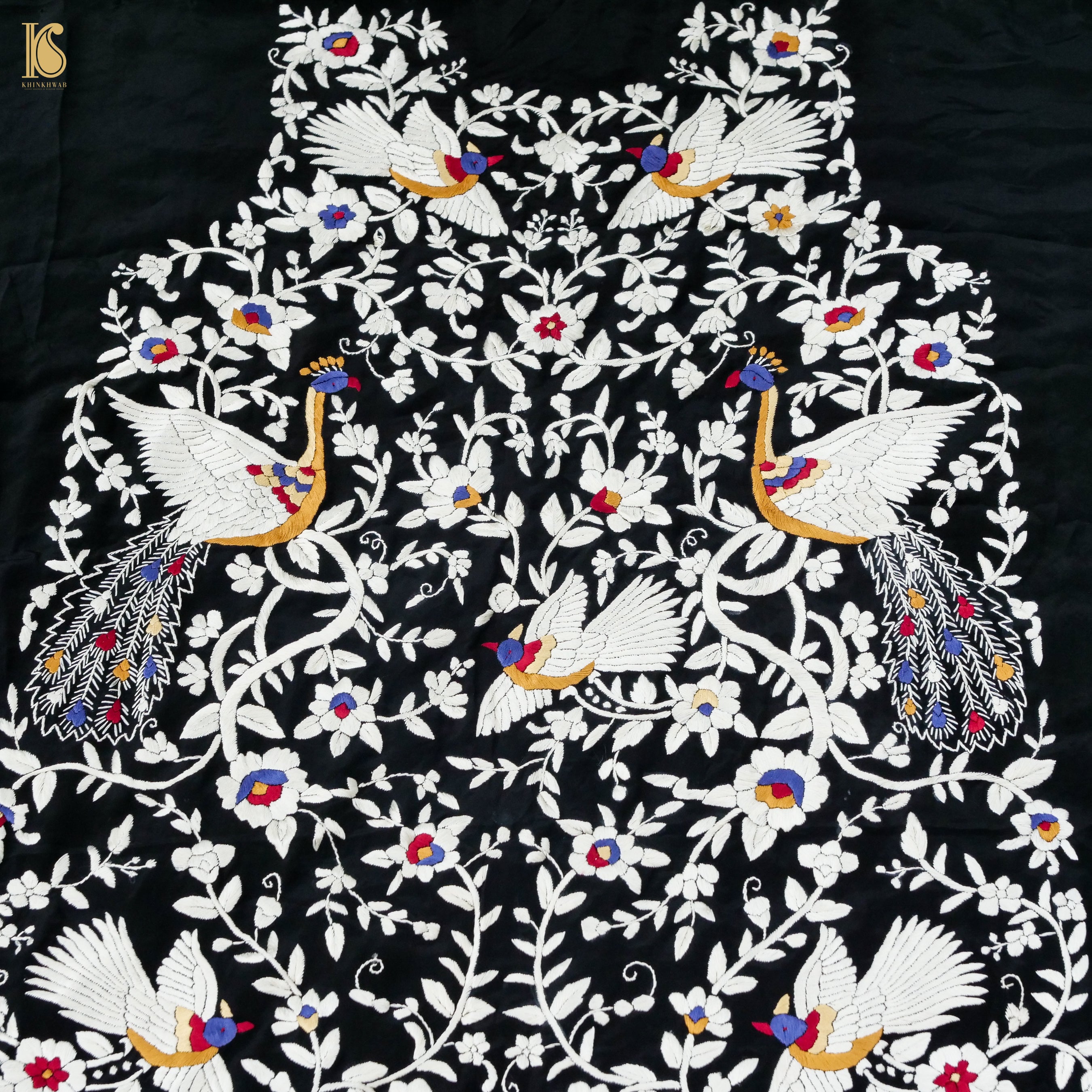 Black Handcrafted Parsi Gara Pure Crepe Kurta Fabric - Khinkhwab