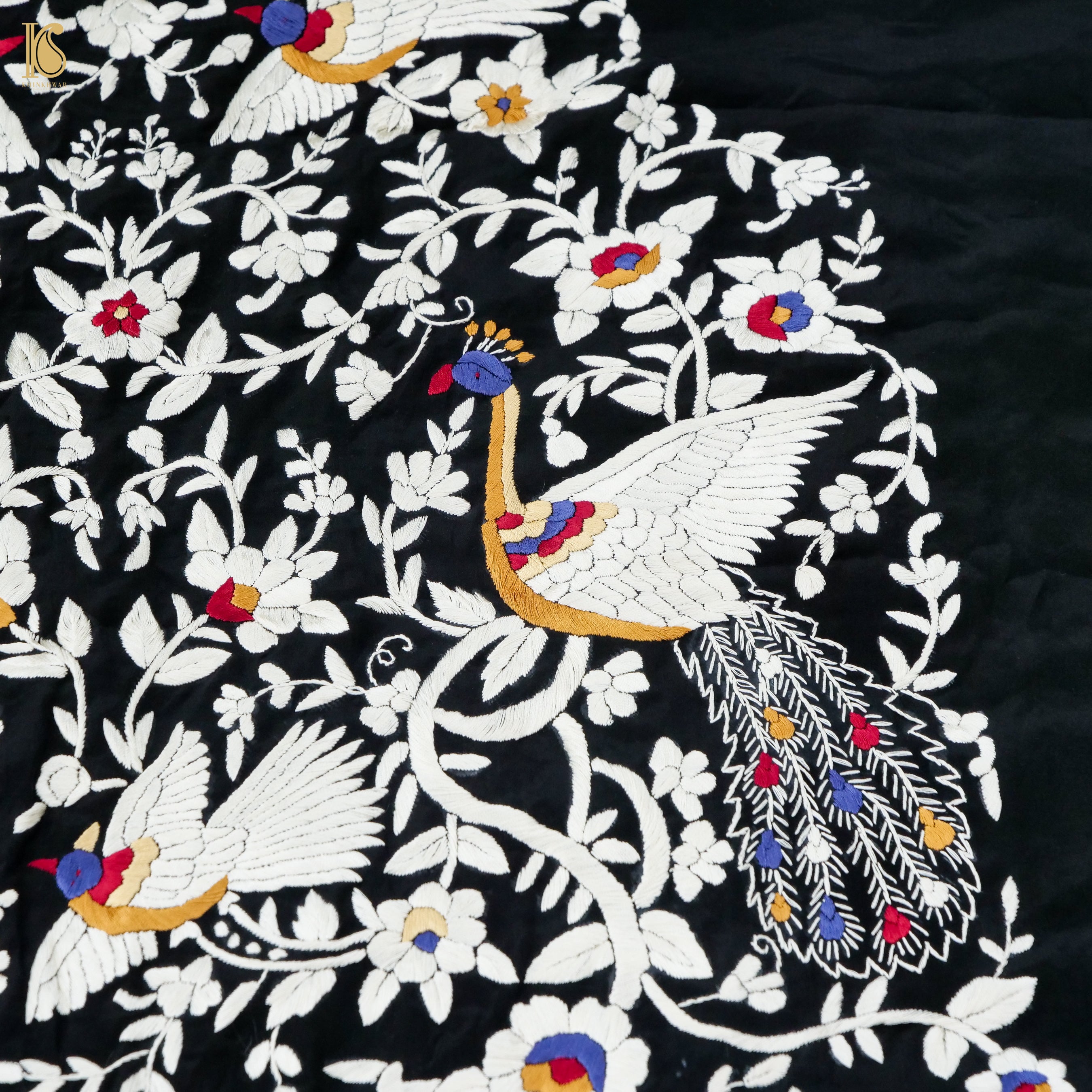 Black Handcrafted Parsi Gara Pure Crepe Kurta Fabric - Khinkhwab