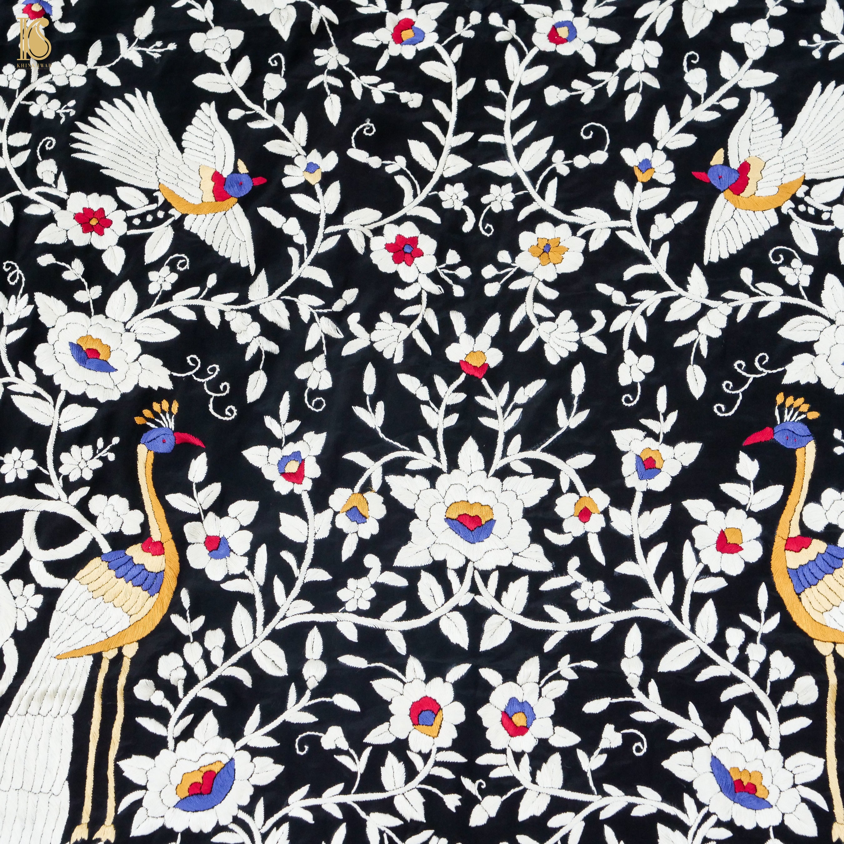 Black Handcrafted Parsi Gara Pure Crepe Kurta Fabric - Khinkhwab