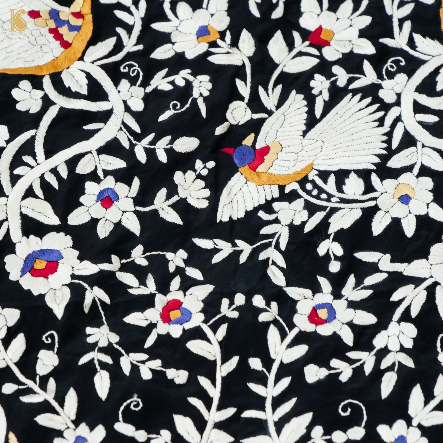 Black Handcrafted Parsi Gara Pure Crepe Kurta Fabric - Khinkhwab