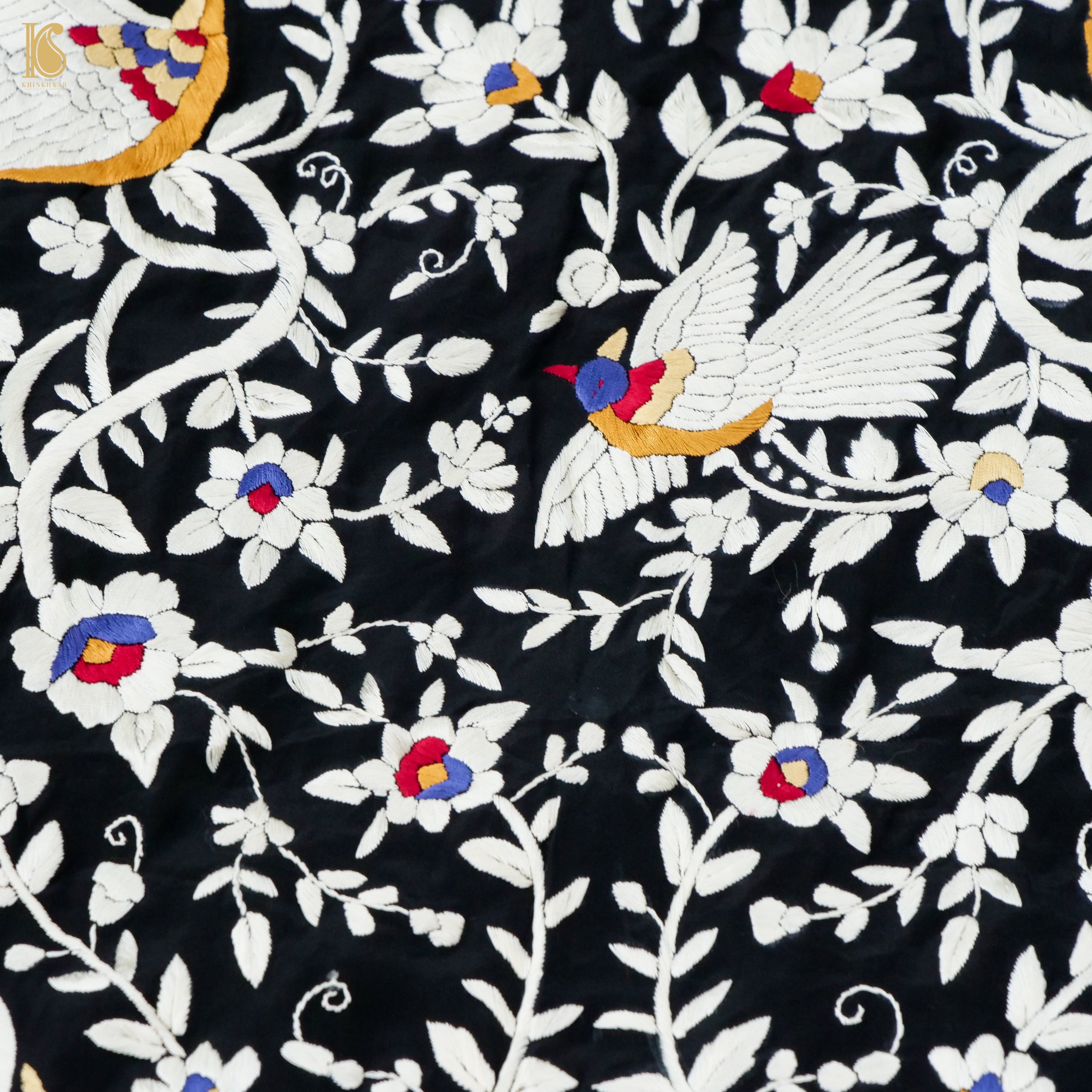 Black Handcrafted Parsi Gara Pure Crepe Kurta Fabric - Khinkhwab
