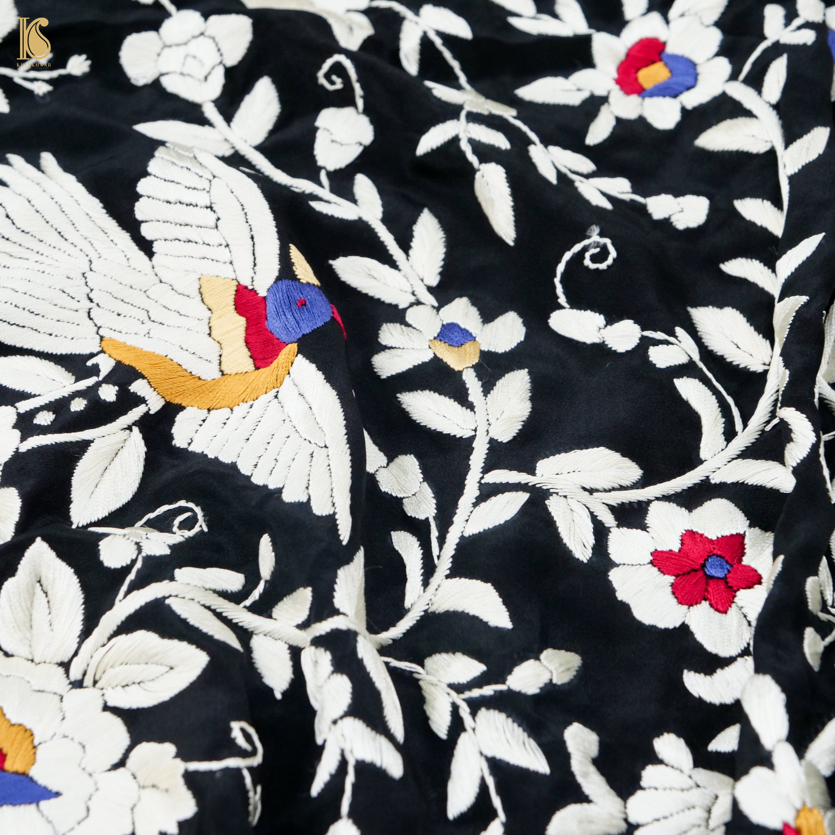 Black Handcrafted Parsi Gara Pure Crepe Kurta Fabric - Khinkhwab