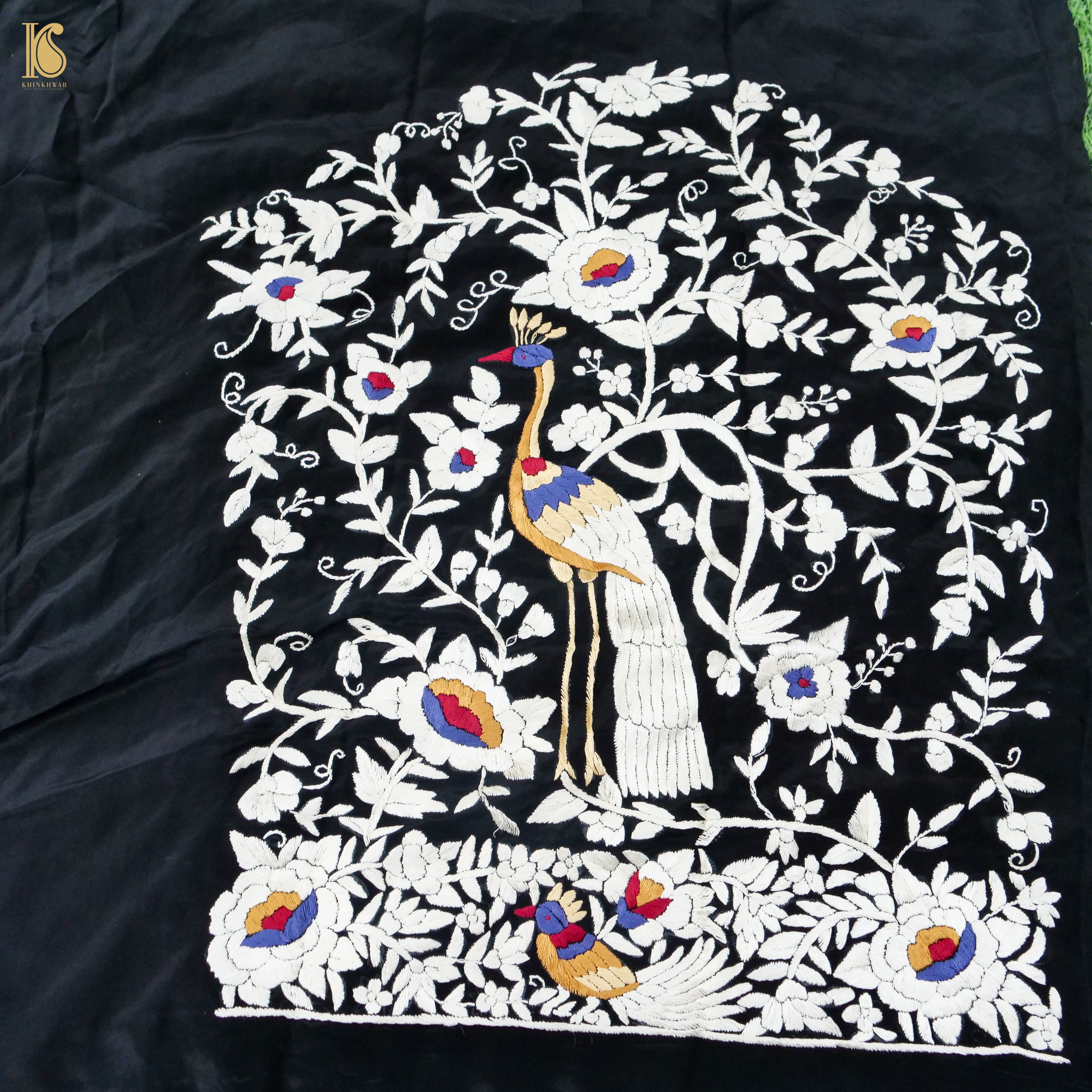 Black Handcrafted Parsi Gara Pure Crepe Kurta Fabric - Khinkhwab