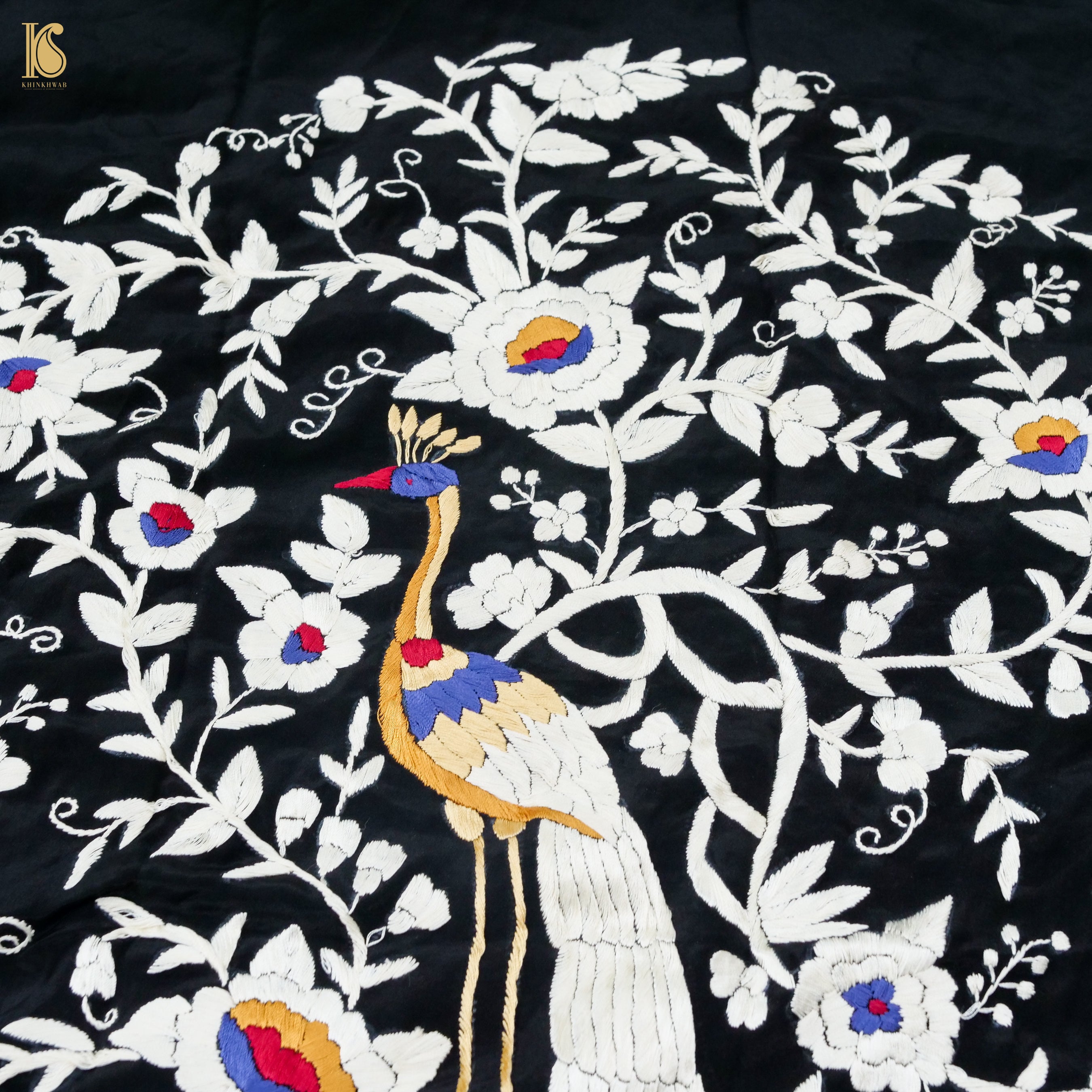 Black Handcrafted Parsi Gara Pure Crepe Kurta Fabric - Khinkhwab