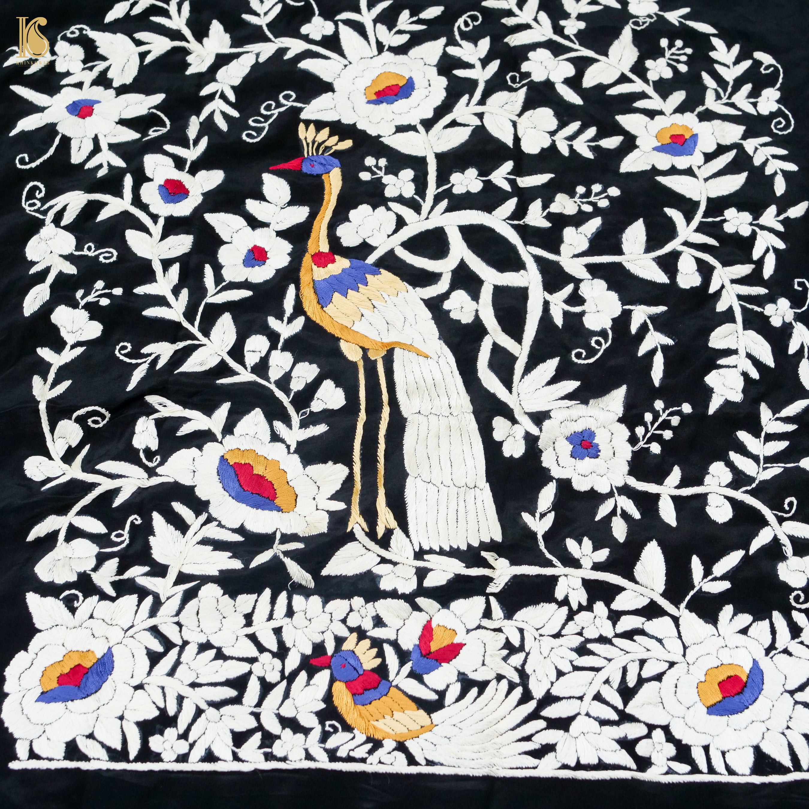 Black Handcrafted Parsi Gara Pure Crepe Kurta Fabric - Khinkhwab