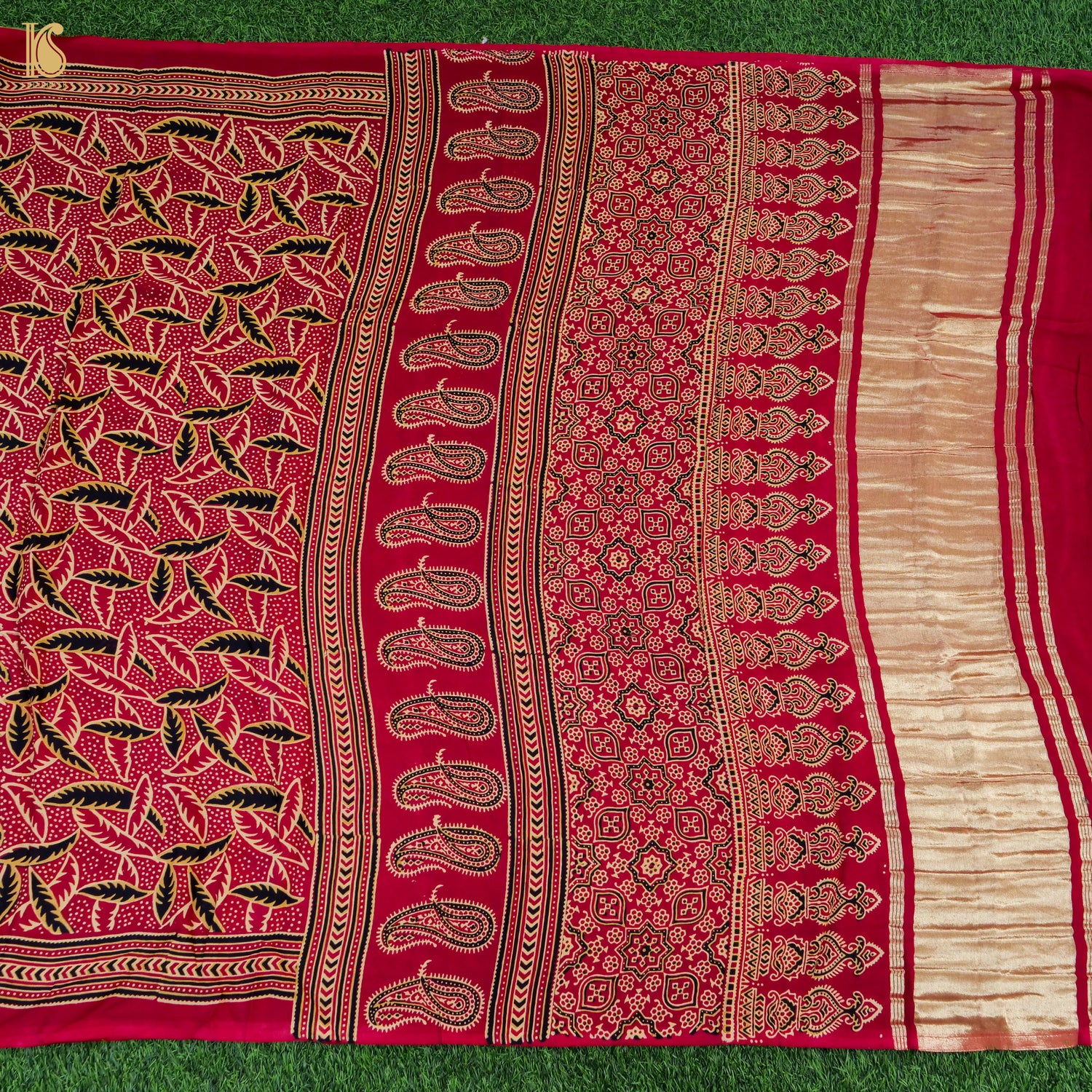 Red Gajji Silk Handblock Ajrakh Saree - Khinkhwab