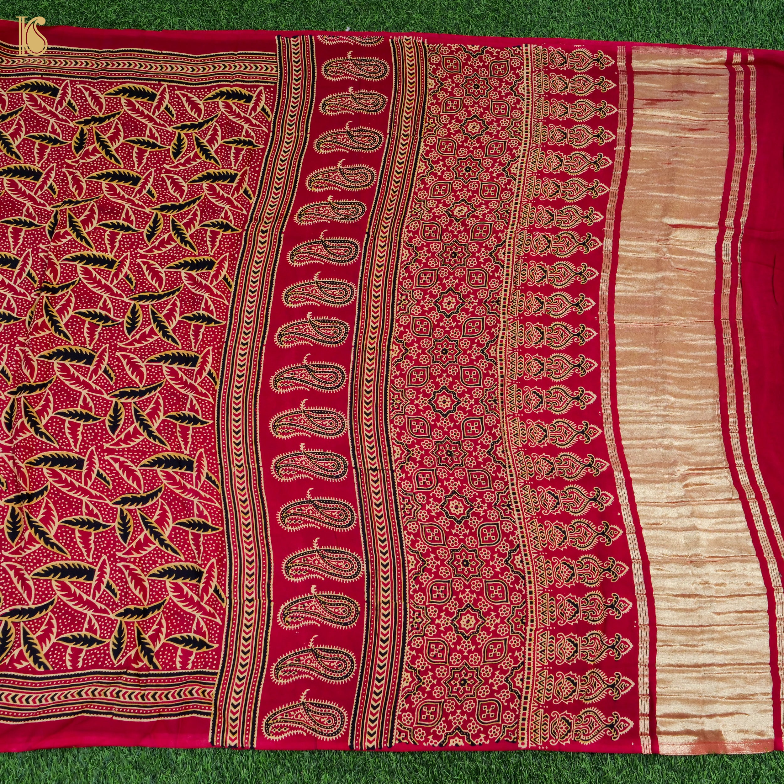 Red Gajji Silk Handblock Ajrakh Saree - Khinkhwab