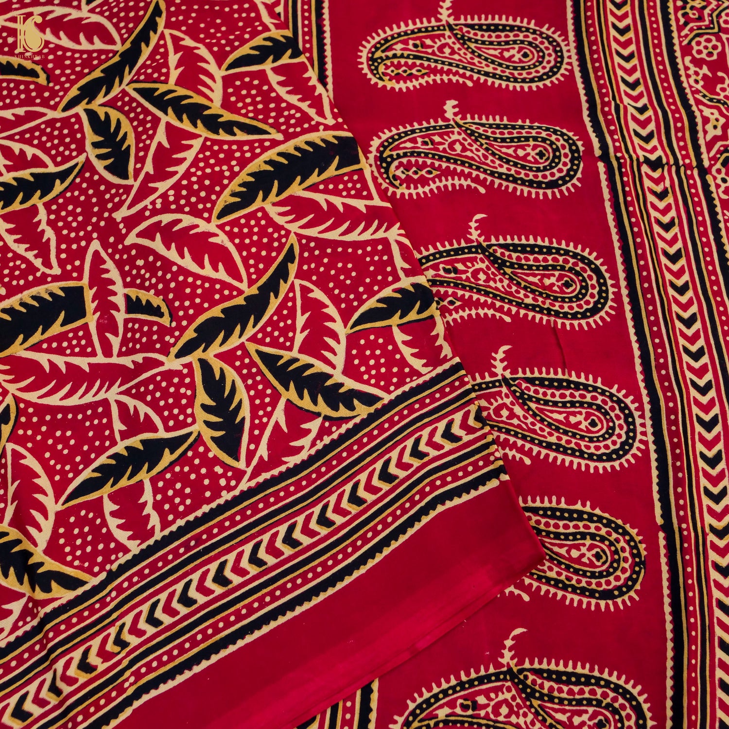 Red Gajji Silk Handblock Ajrakh Saree - Khinkhwab