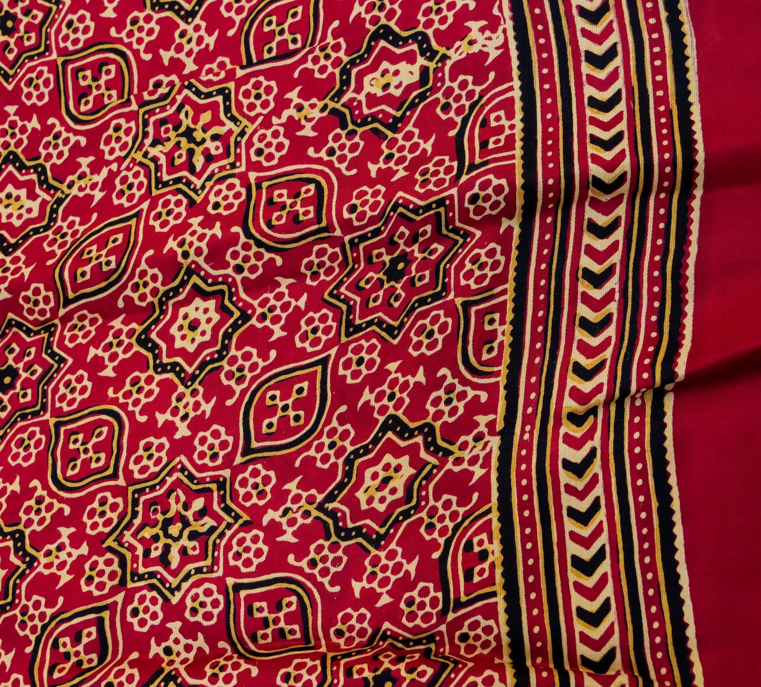 Red Gajji Silk Handblock Ajrakh Saree - Khinkhwab