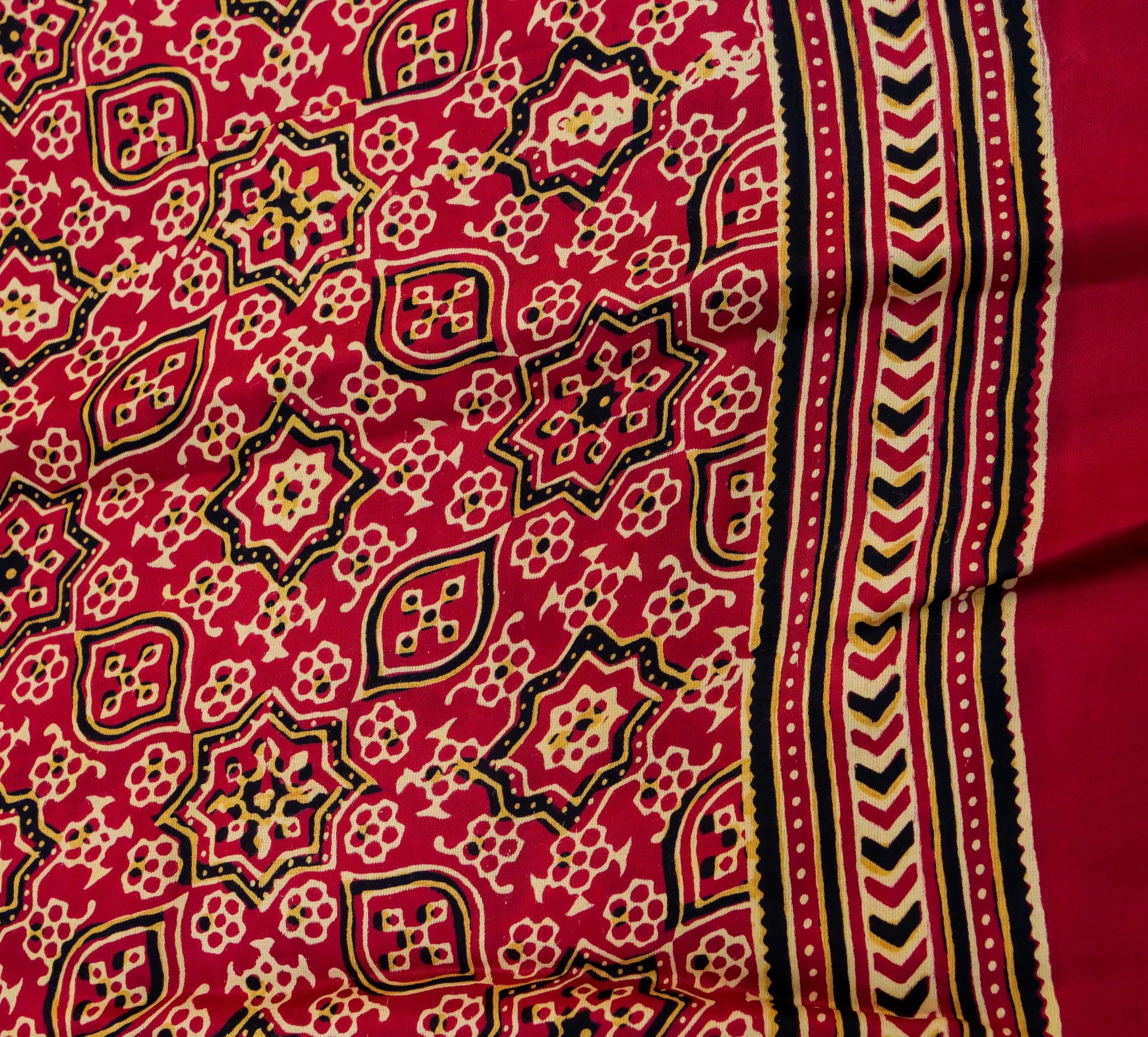 Red Gajji Silk Handblock Ajrakh Saree - Khinkhwab