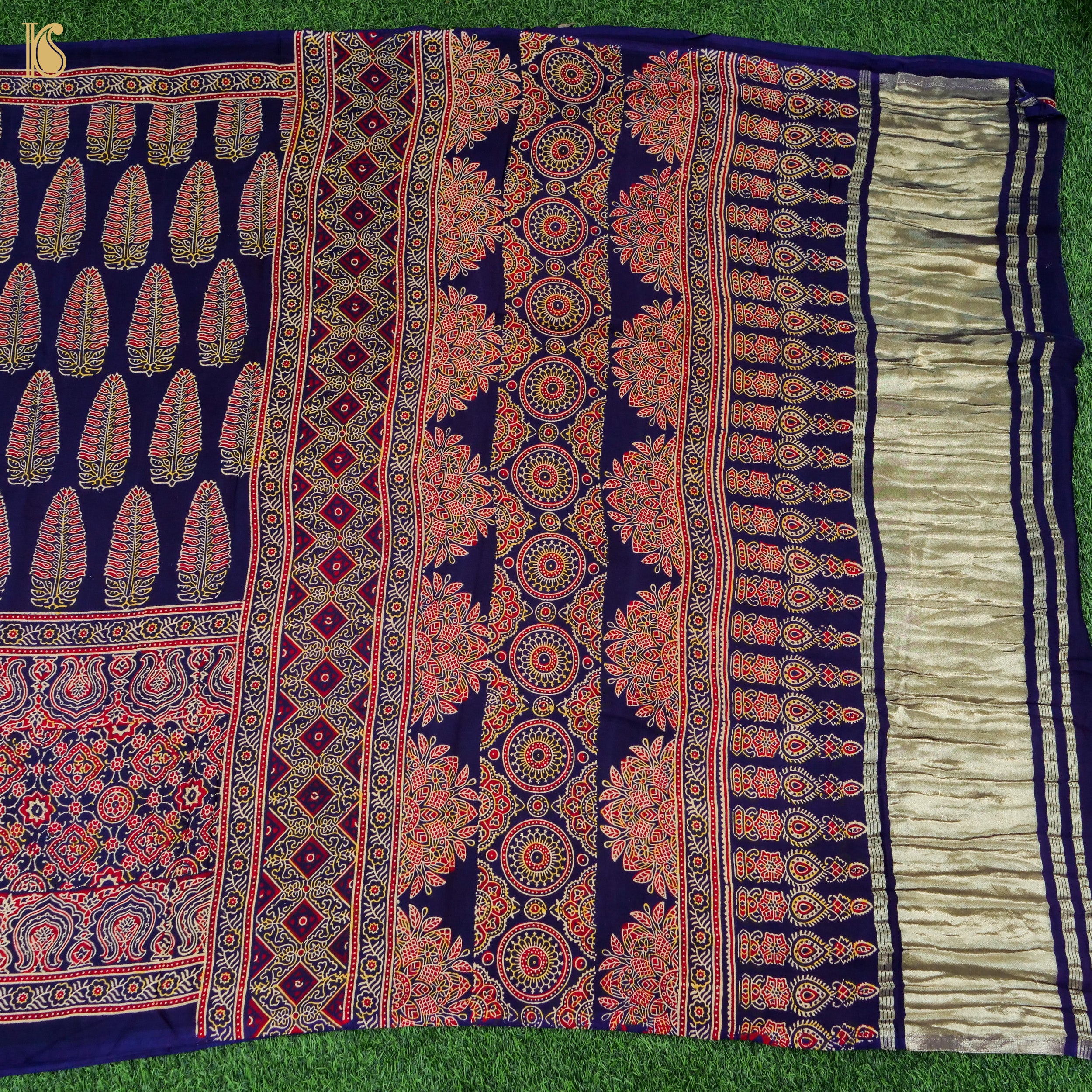 Blue Gajji Silk Handblock Ajrakh Saree - Khinkhwab