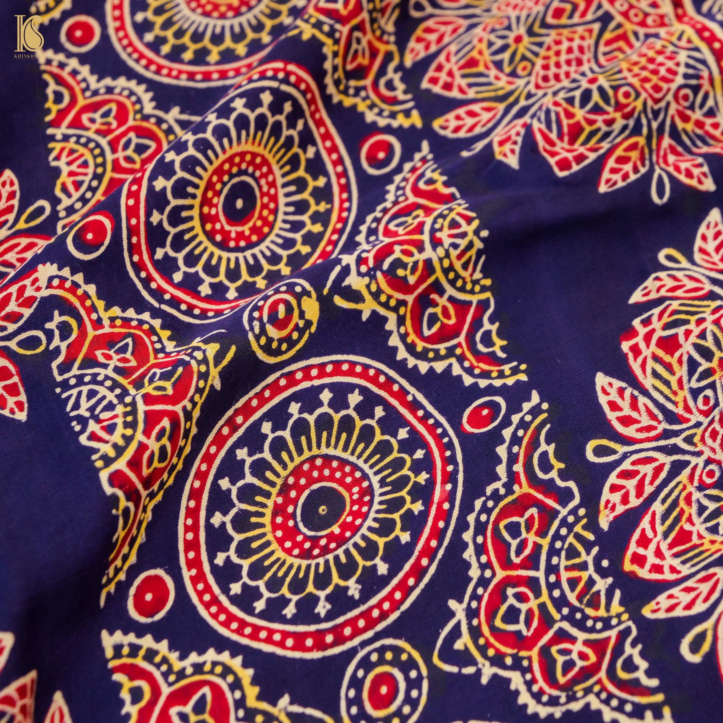 Blue Gajji Silk Handblock Ajrakh Saree - Khinkhwab
