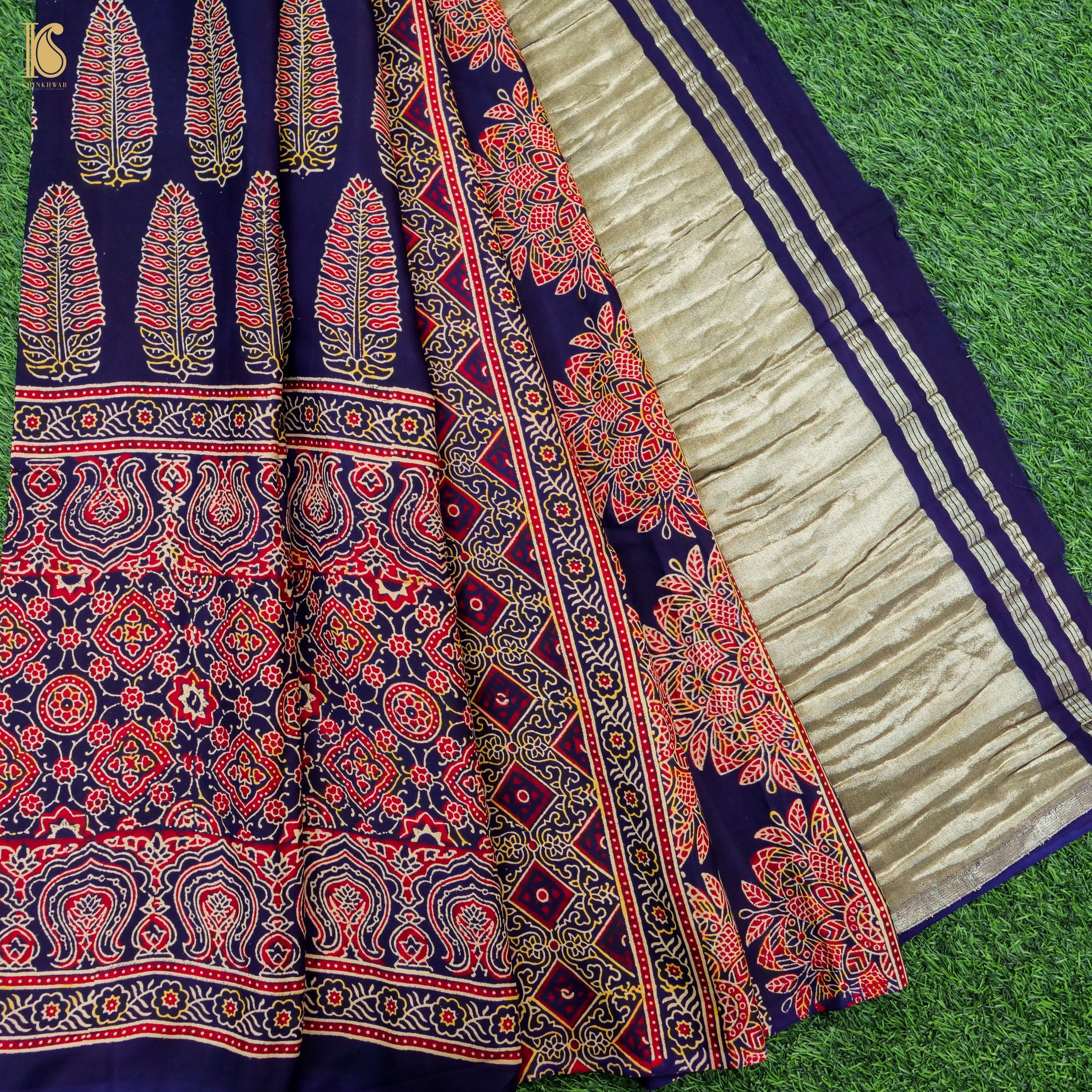 Blue Gajji Silk Handblock Ajrakh Saree - Khinkhwab