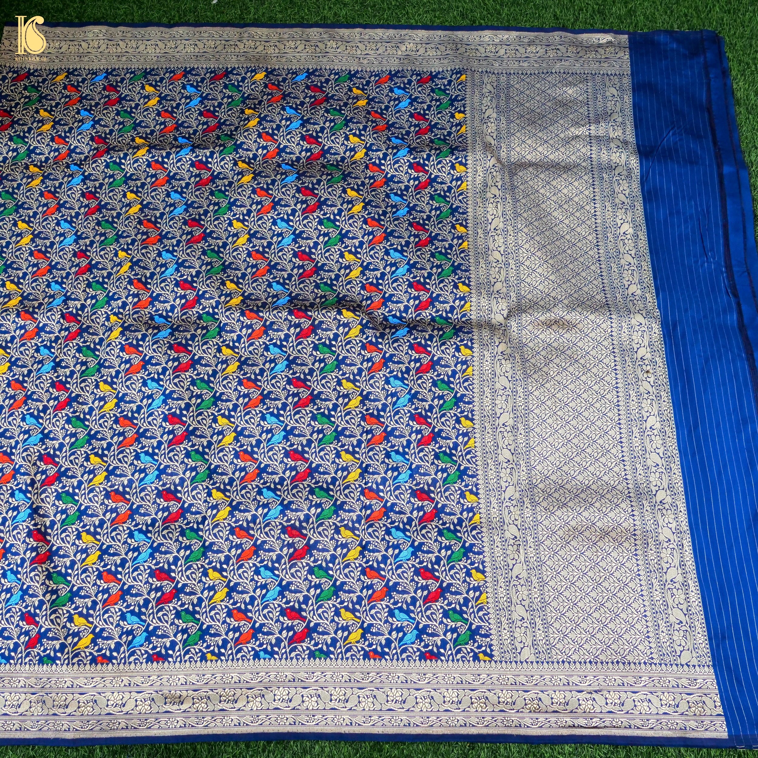 Sapphire Blue Pure Katan Silk Handwoven Banarasi Jaal Chidiya Dupatta - Khinkhwab