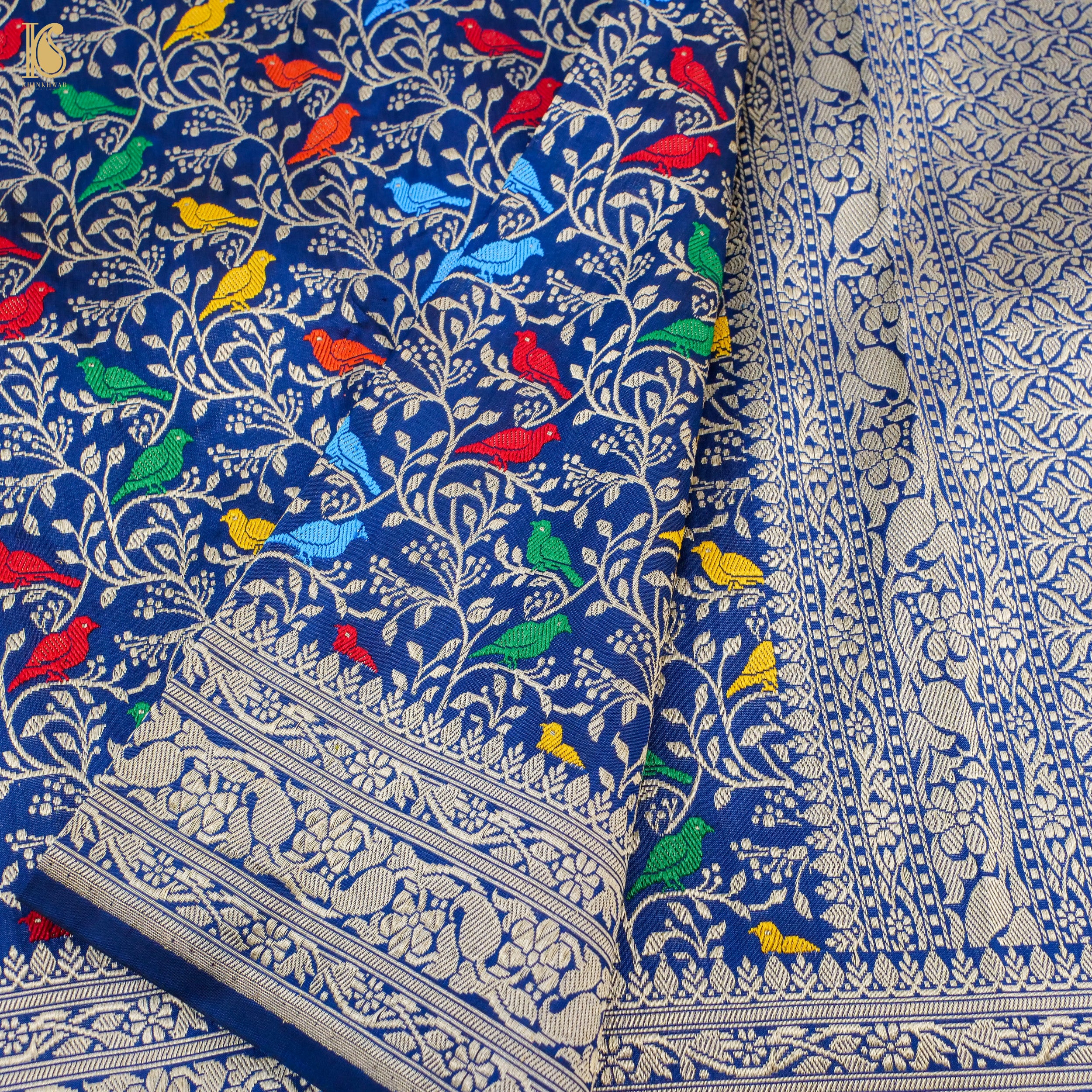 Sapphire Blue Pure Katan Silk Handwoven Banarasi Jaal Chidiya Dupatta - Khinkhwab