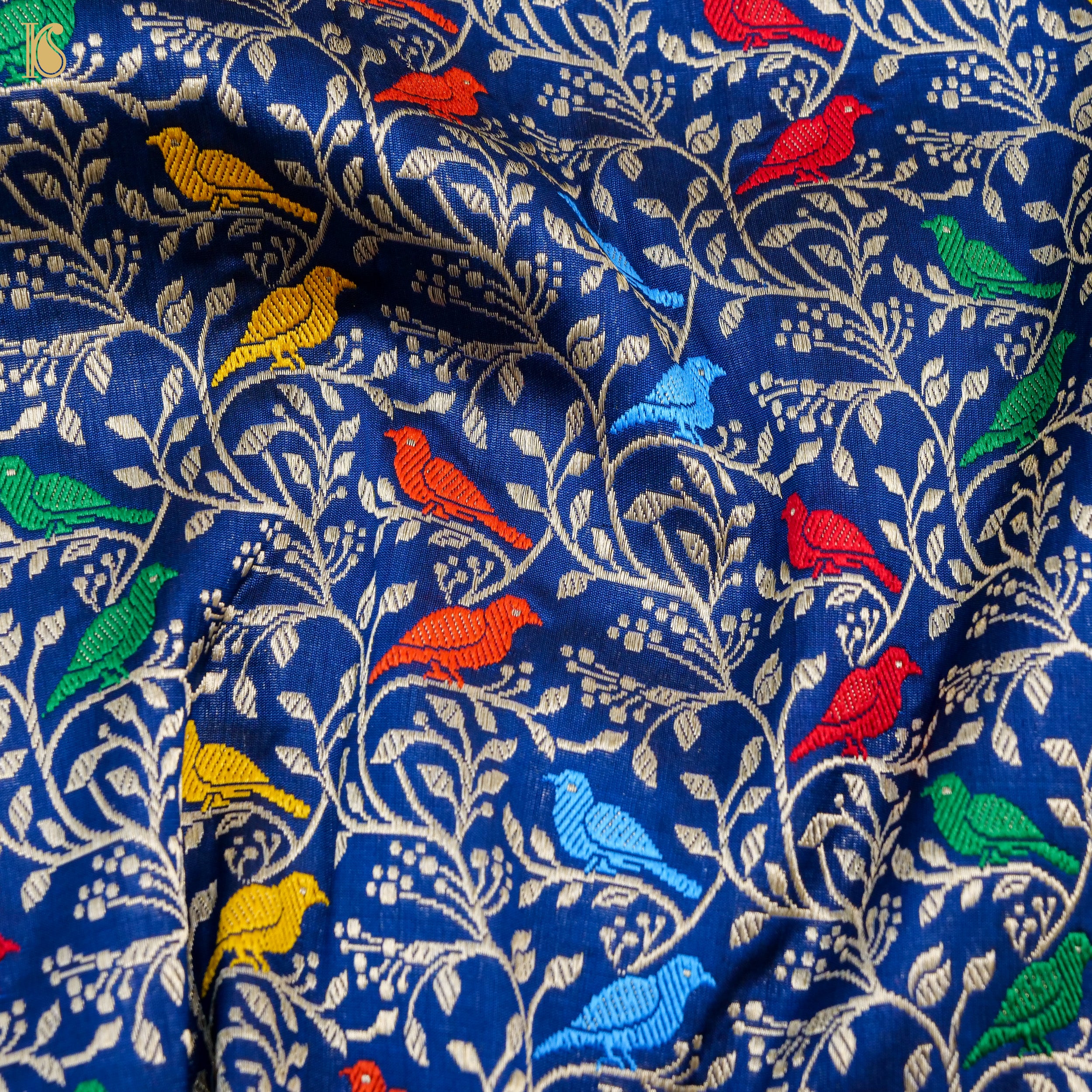 Sapphire Blue Pure Katan Silk Handwoven Banarasi Jaal Chidiya Dupatta - Khinkhwab