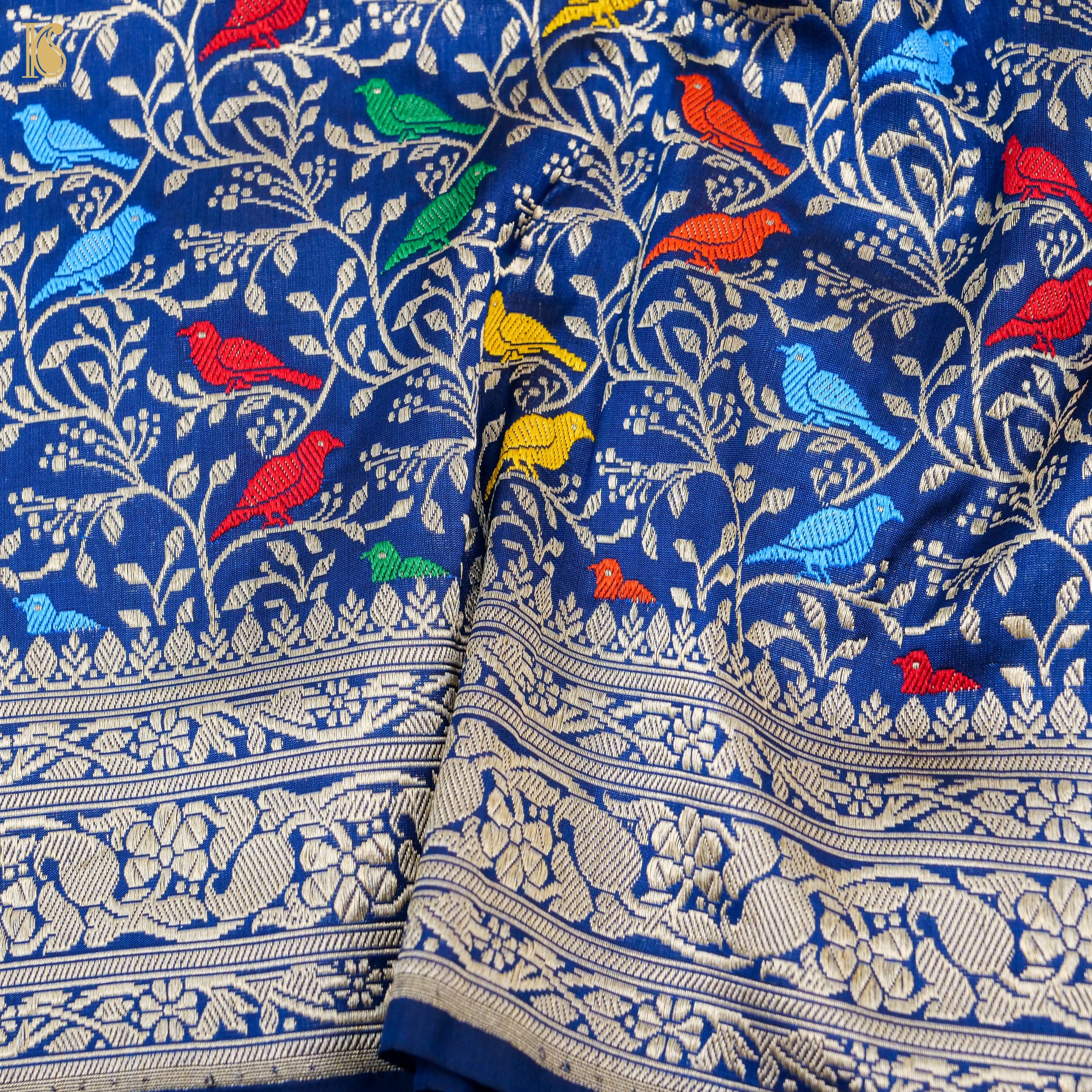Sapphire Blue Pure Katan Silk Handwoven Banarasi Jaal Chidiya Dupatta - Khinkhwab