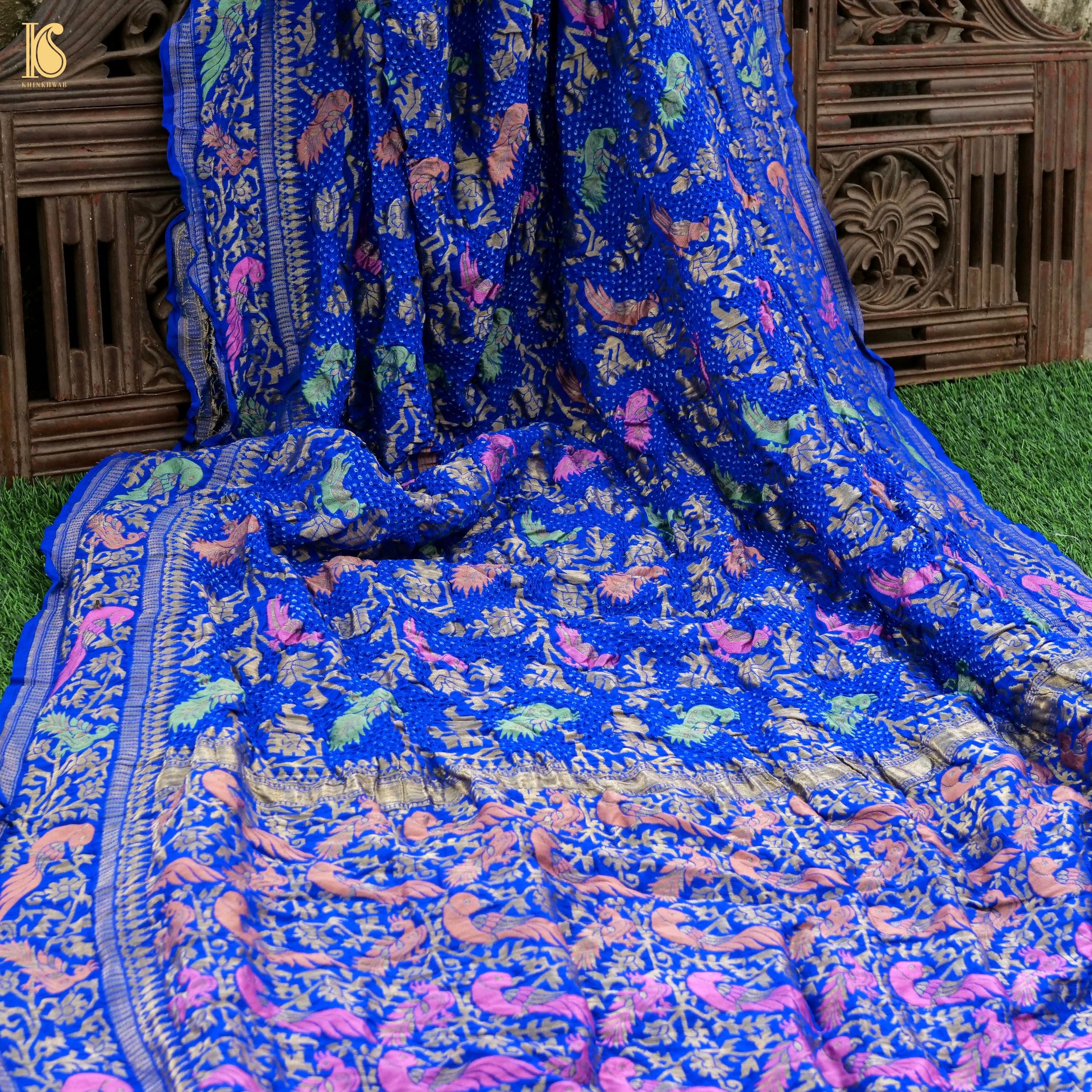 Persian Blue Handloom Banarasi Pure Georgette Birds Bandhani Saree - Khinkhwab